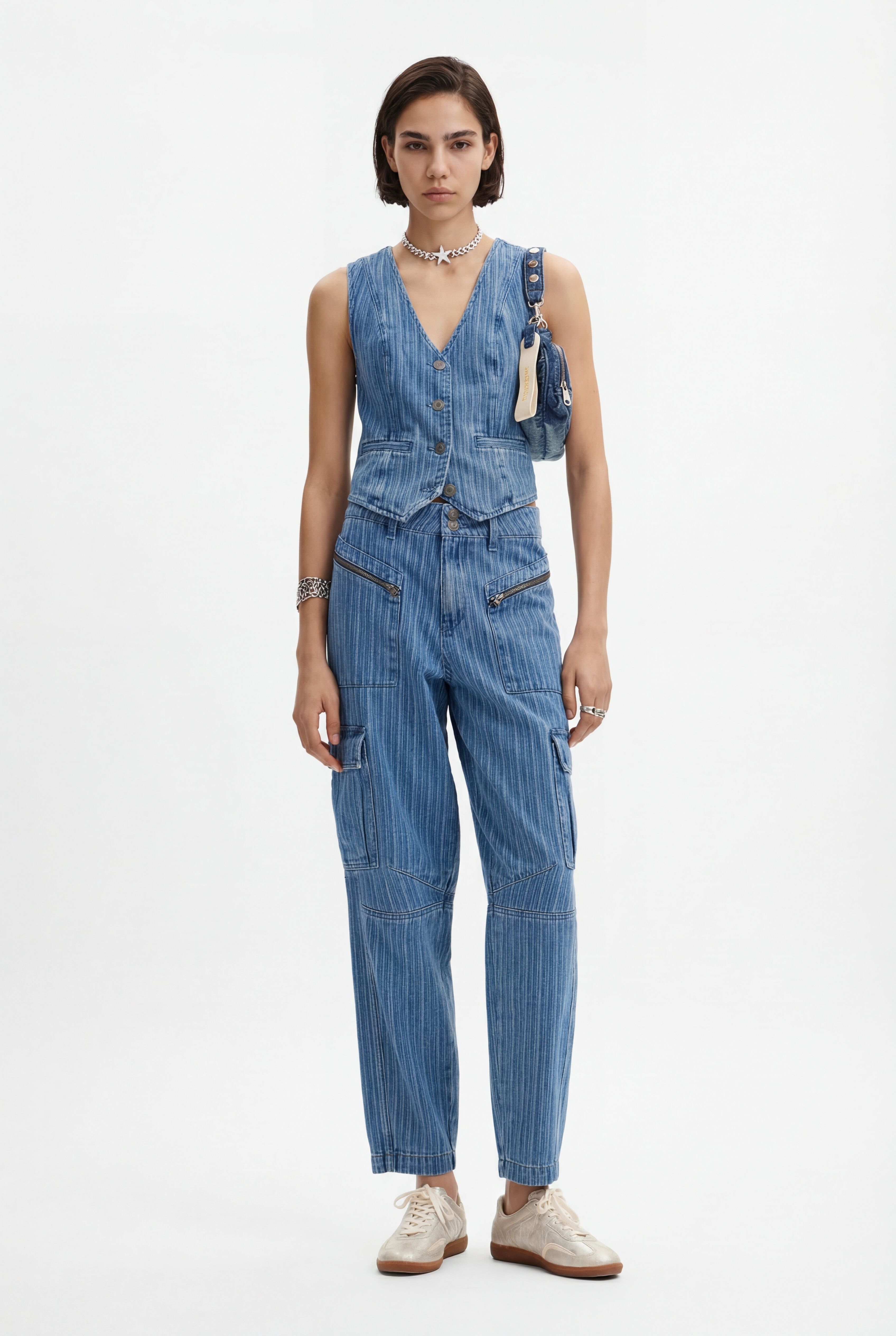 Pantalón cargo denim efecto rayado - BLUE - 34