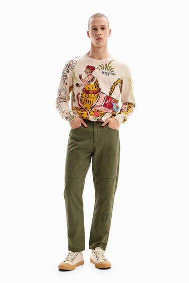 Straight long pants with embroidery. | Desigual