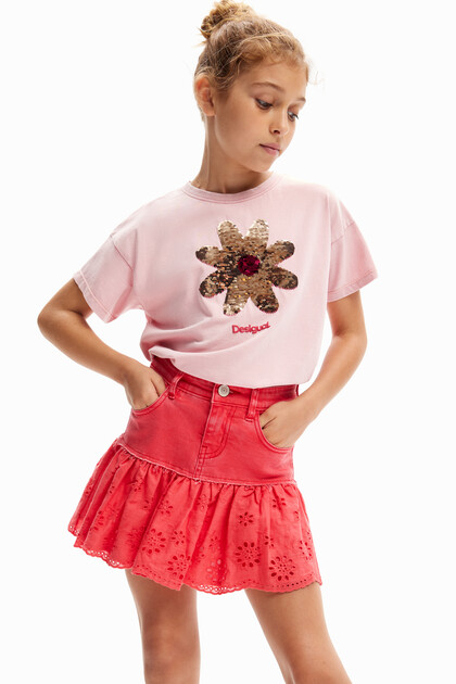 Glossy ruffle denim mini skirt