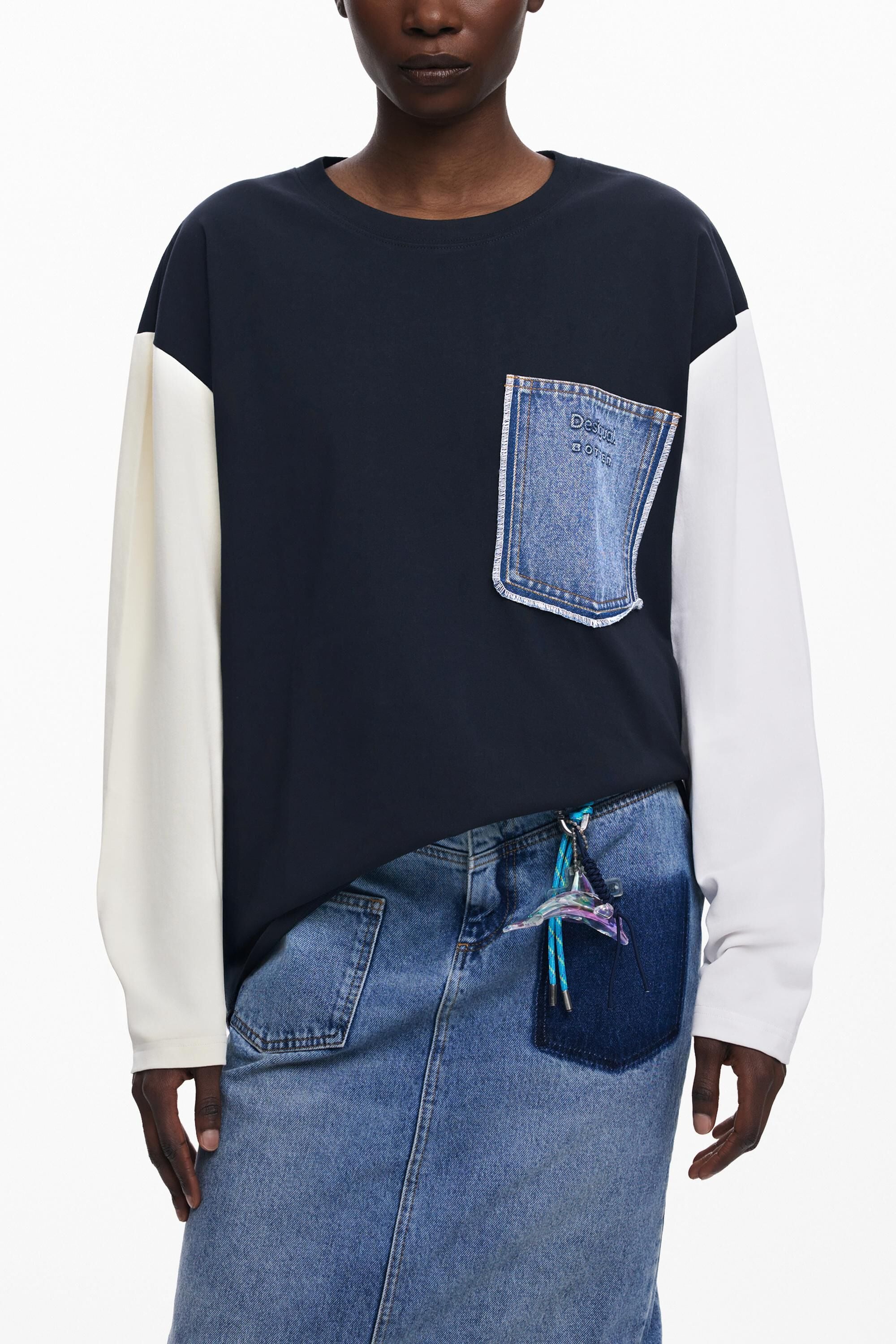 Desigual, Camiseta bolsillo denim Botter, Algodon, Negro