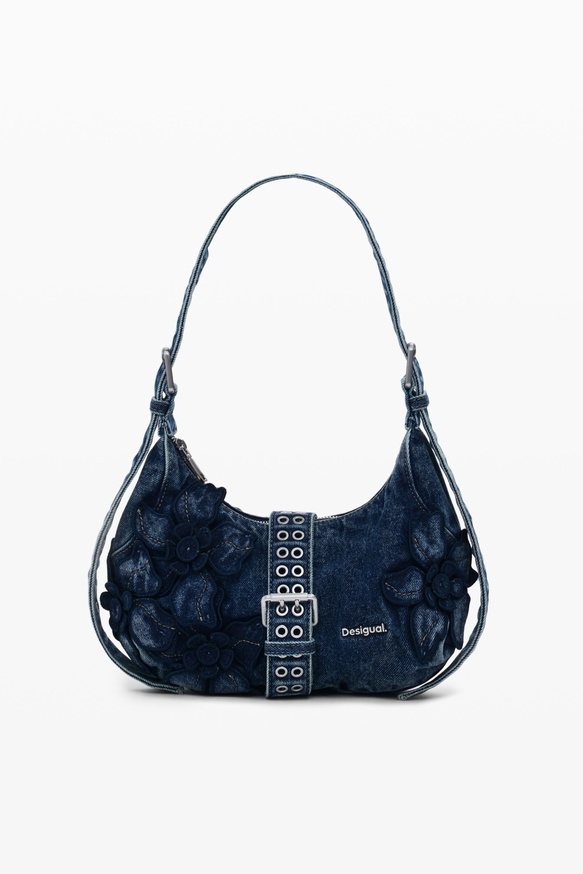 Mittelgroße abgenutzte Jeans-Tasche mit Schnallen