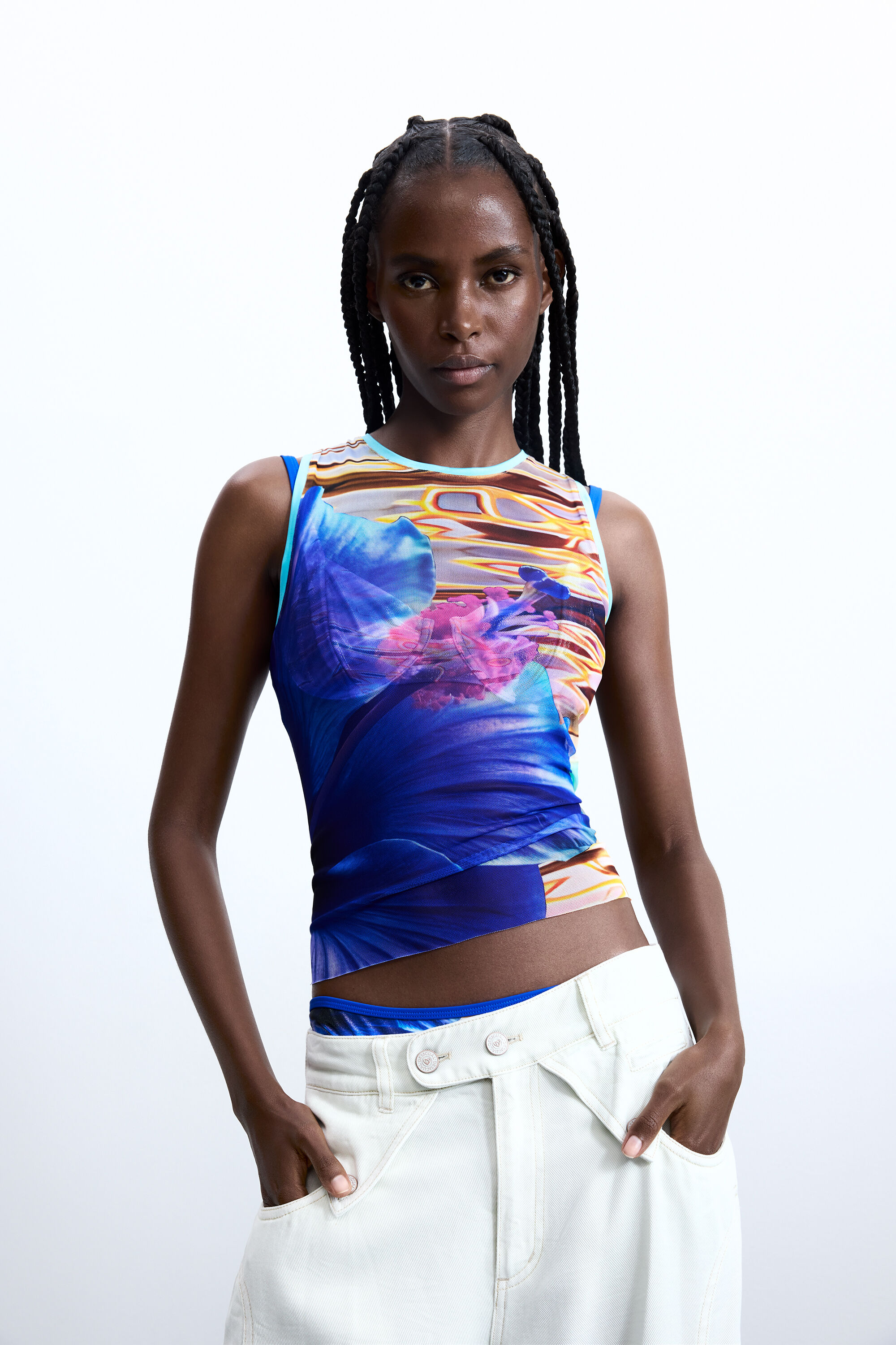 Desigual, T-shirt blumen wasserfarben, Damen, Polyester, Blau, S