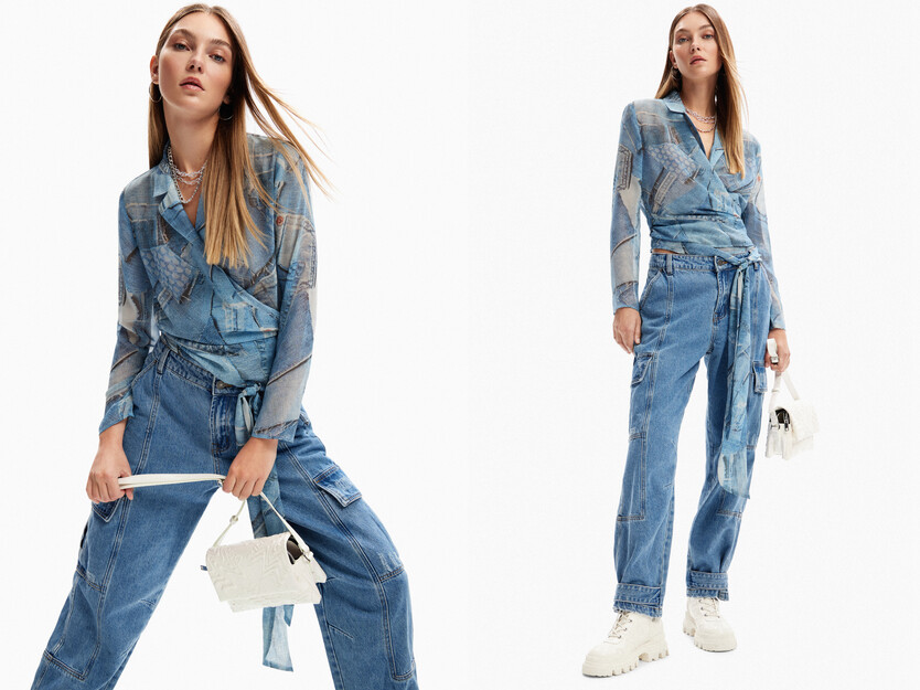 Denim patchwork wrap blouse