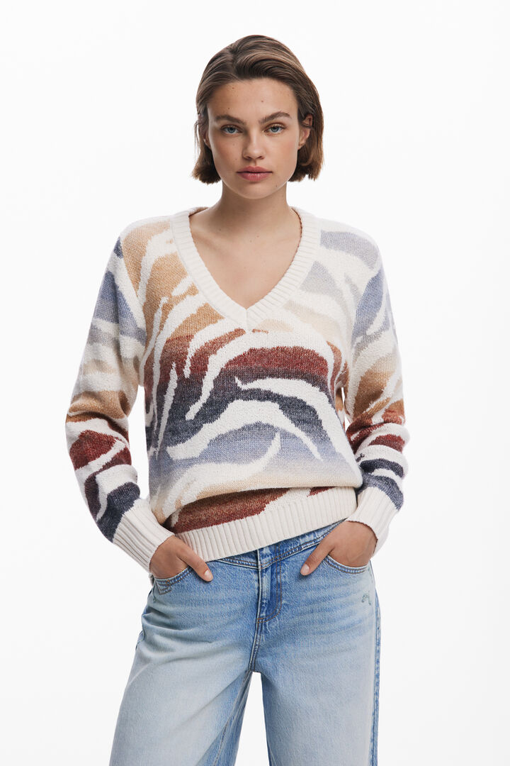 Pull zébré col en V