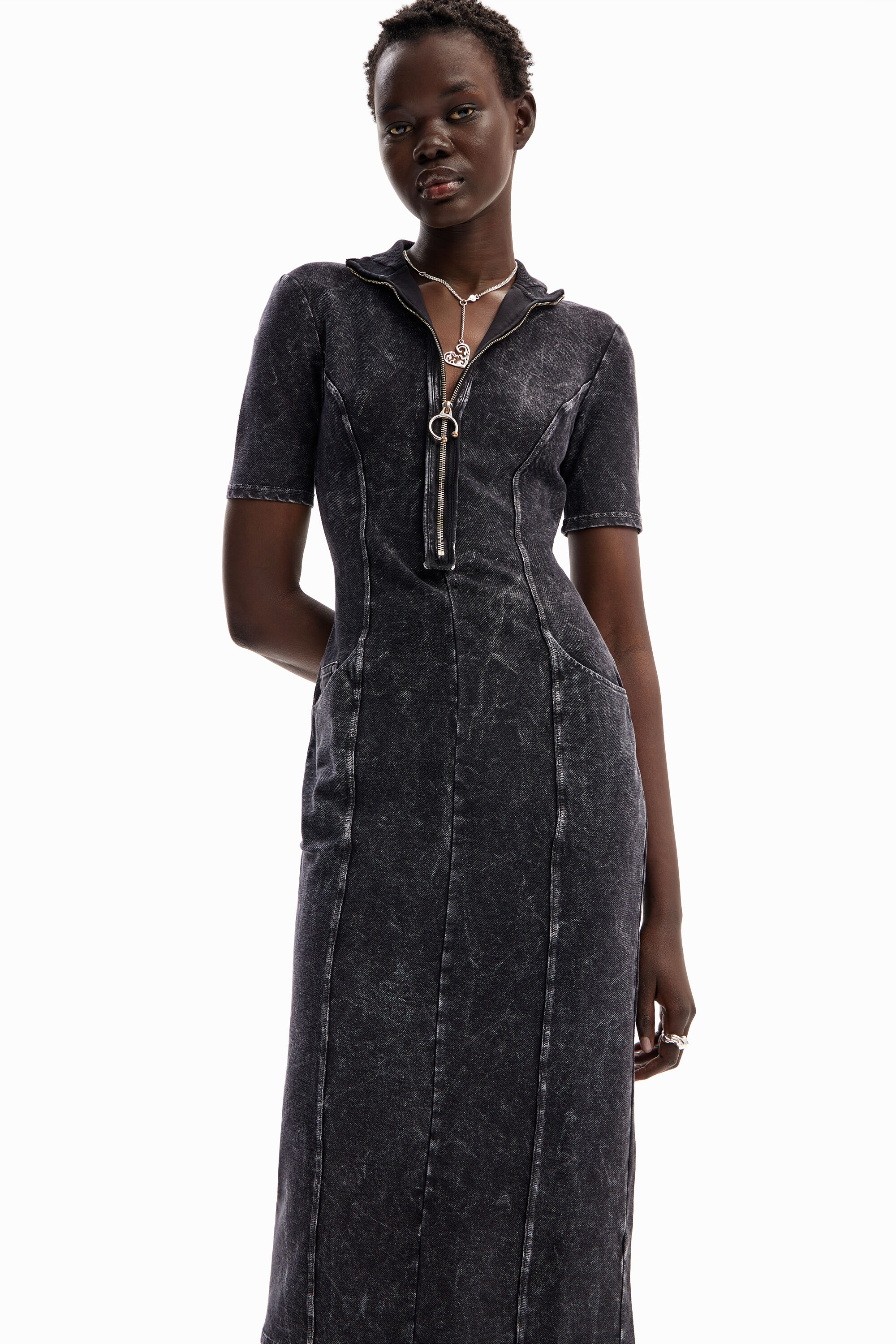 Shop Desigual Gradient Denim Midi Dress In Black