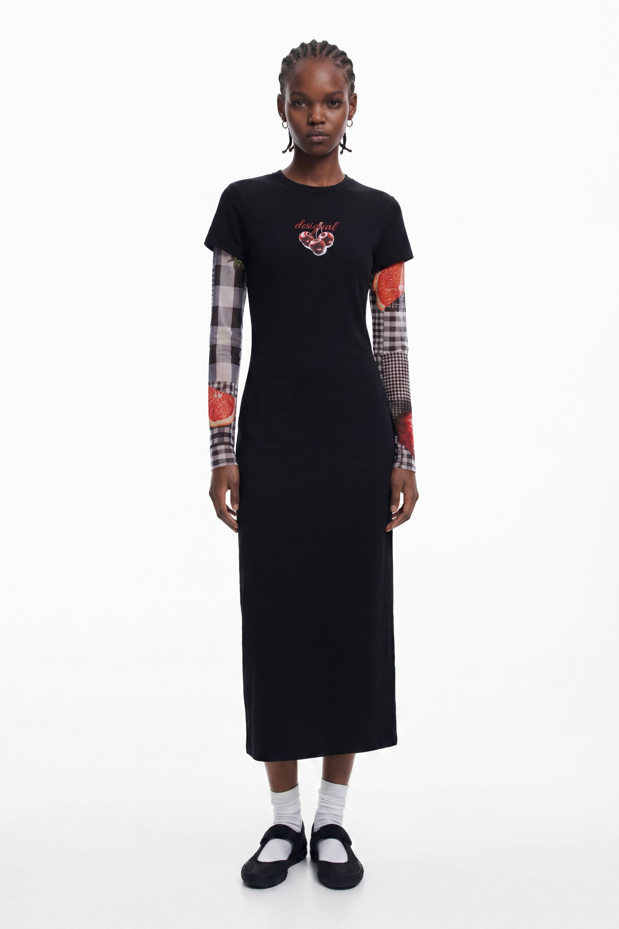 Ribbed midi dress cherries - BLACK - XS
