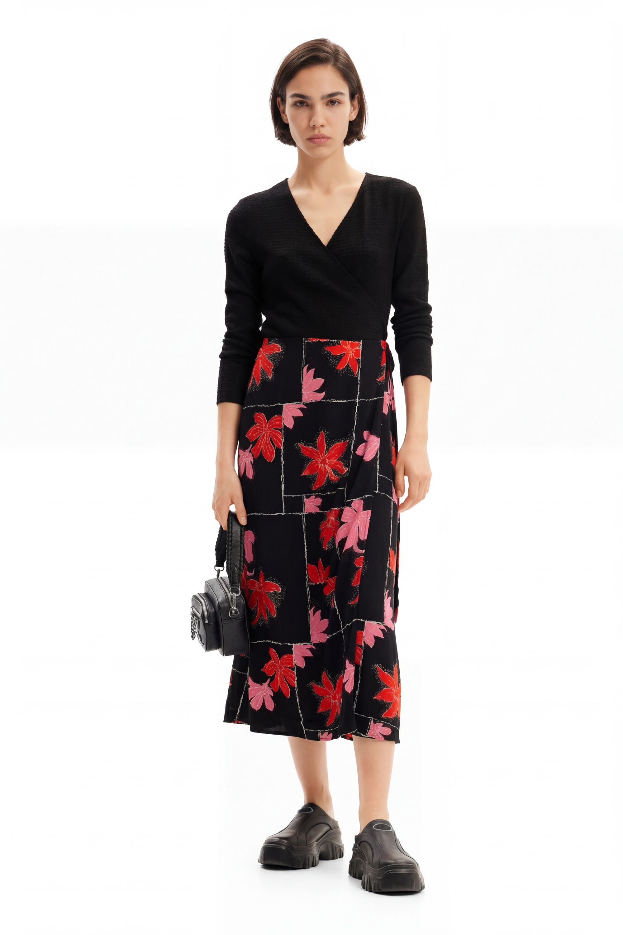 Floral wrap midi dress - BLACK - S