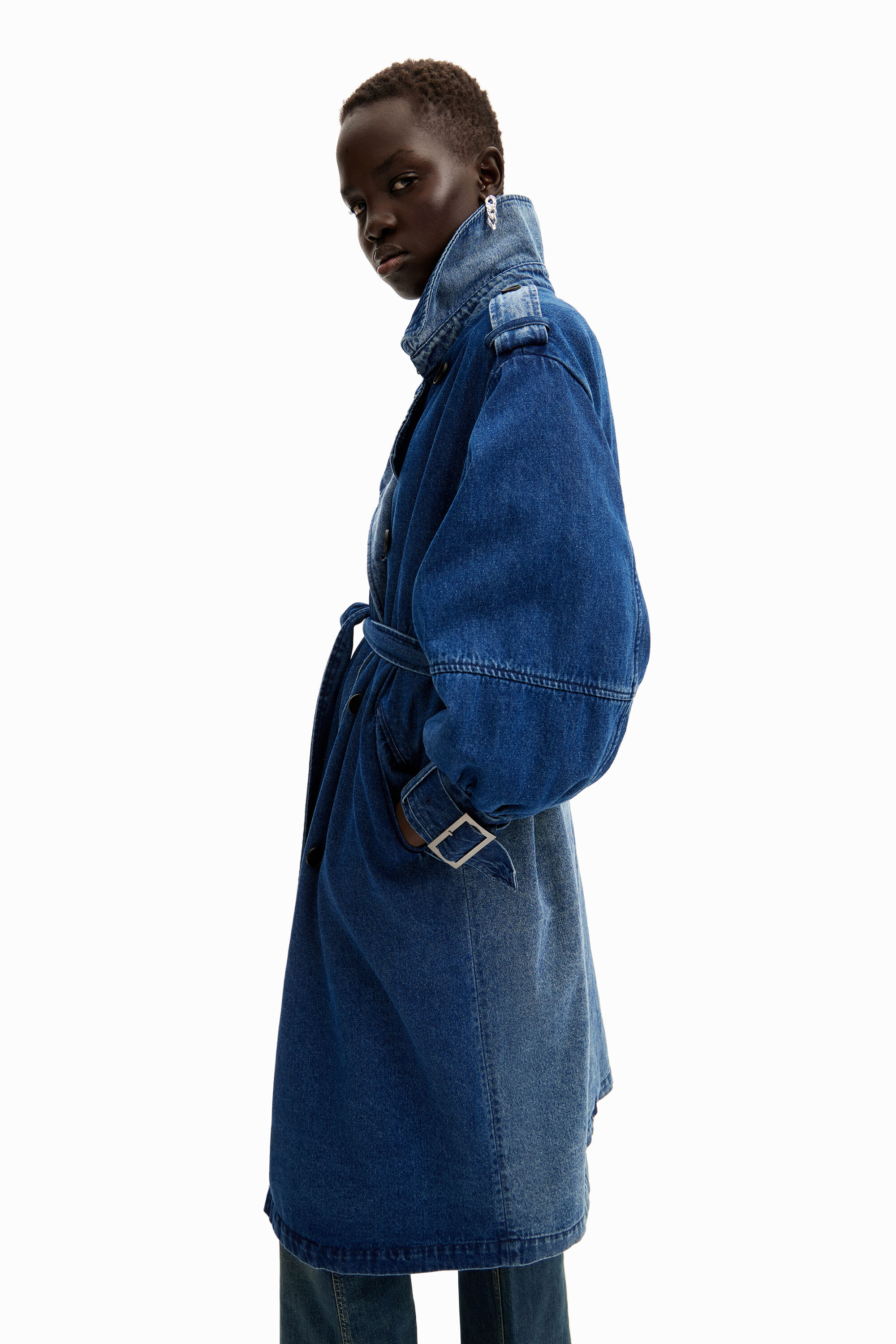 Shop Desigual Oversize Denim Trench Coat In Blue