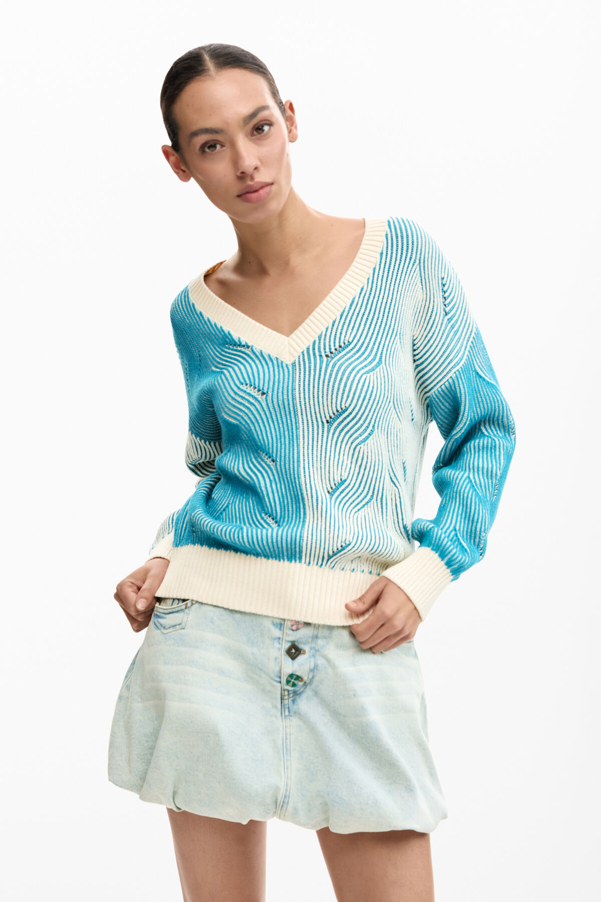ジャカードニットセーター 青 女性用 I Desigual.com