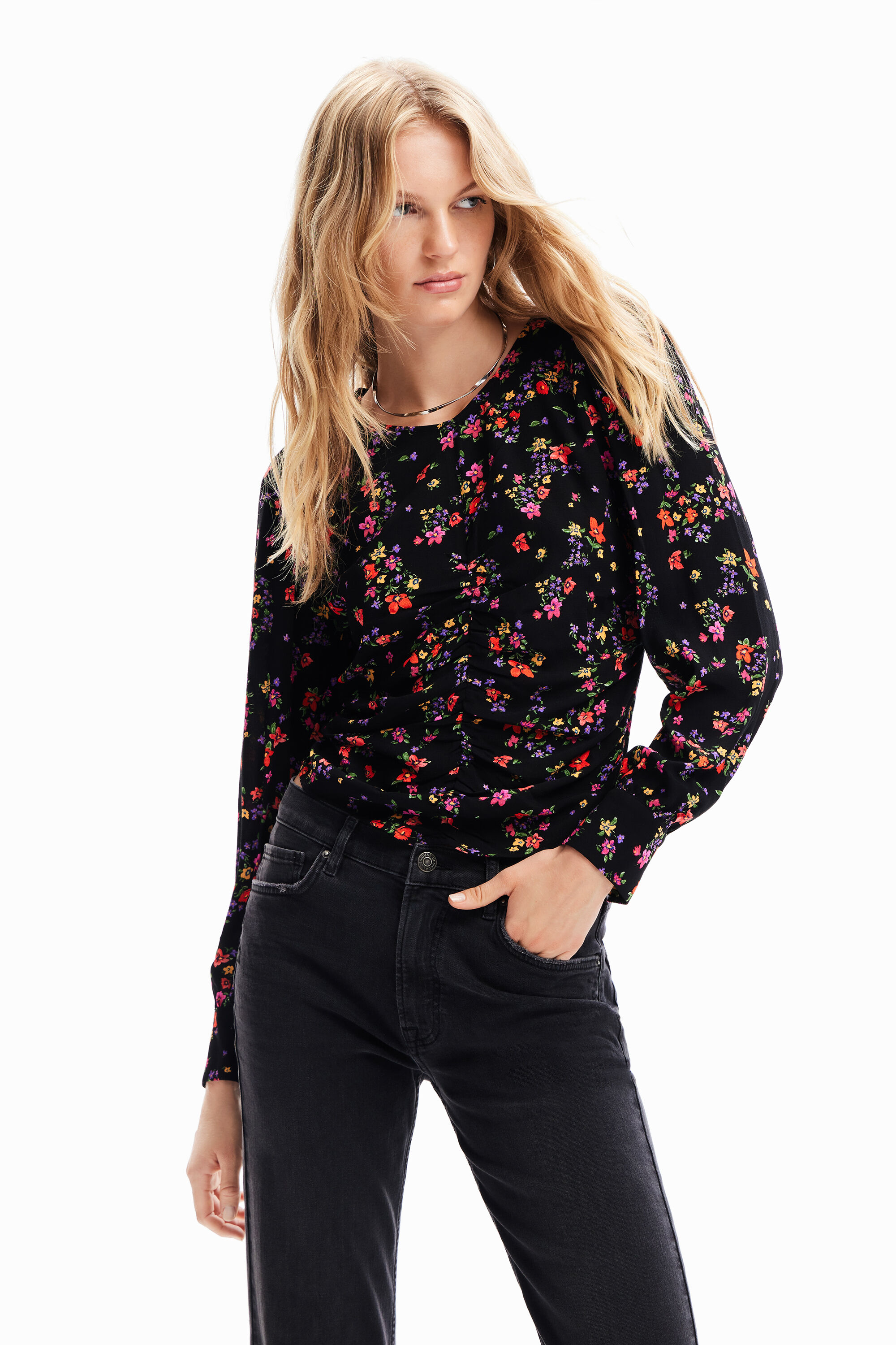 Floral ruched blouse - BLACK - S