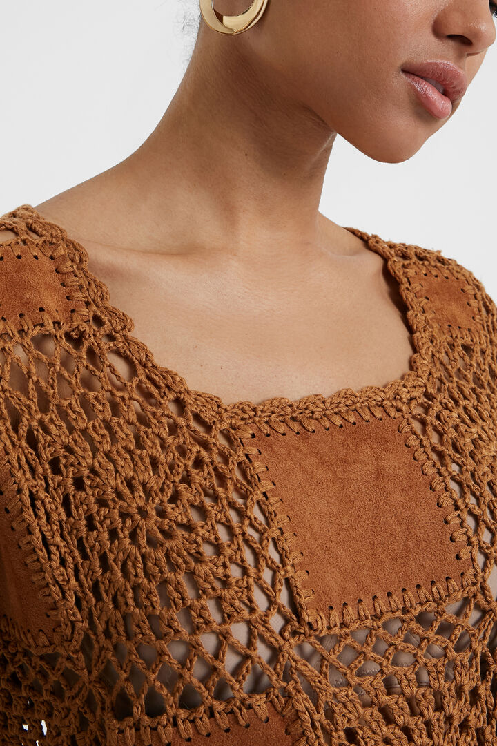 Pull patch en crochet, cuir et à franges | Desigual