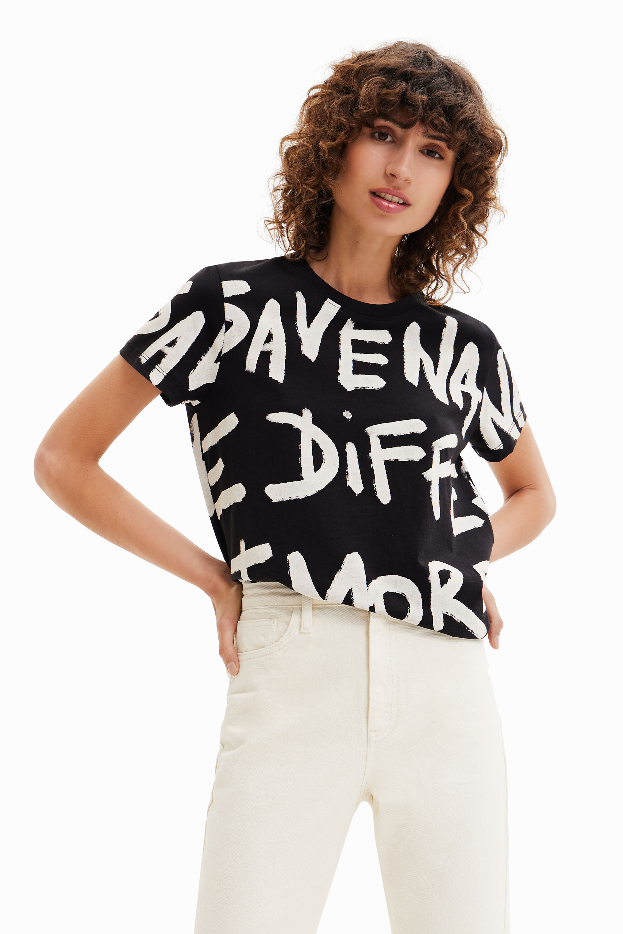Moda Koszulki Koszulki z dekoltem w kształcie litery V Desigual Koszulka z dekoltem w kszta\u0142cie litery V czarny Nadruk z motywem 