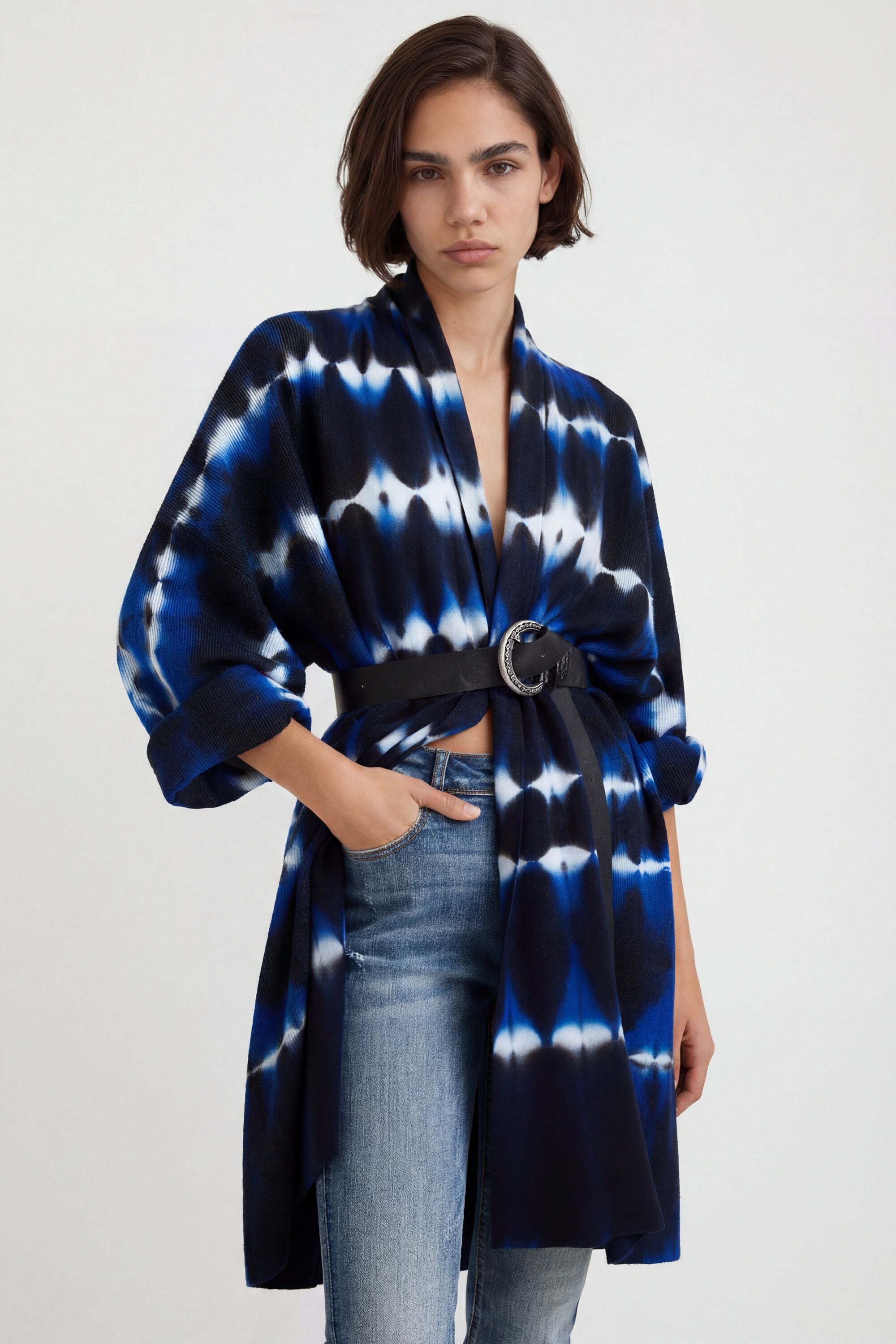 Desigual, Offene Strickjacke mit Batikmuster, Blau, S