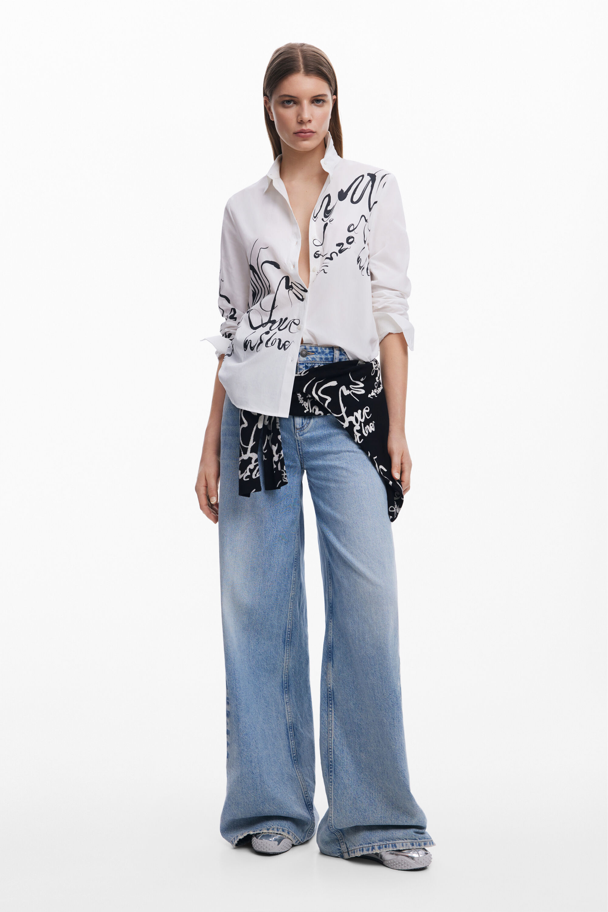 Desigual Ink Letter Button-up Shirt In White