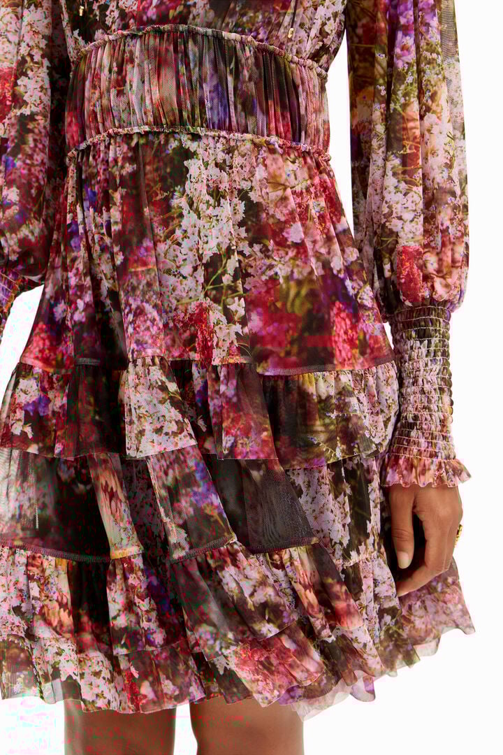 フリル袖の長袖ショートドレス、花柄プリント | Desigual