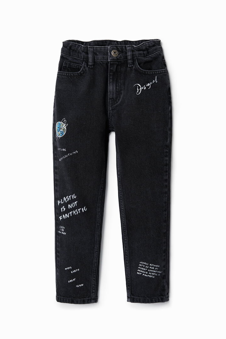 Jeans met teksten met handgeschreven effect
