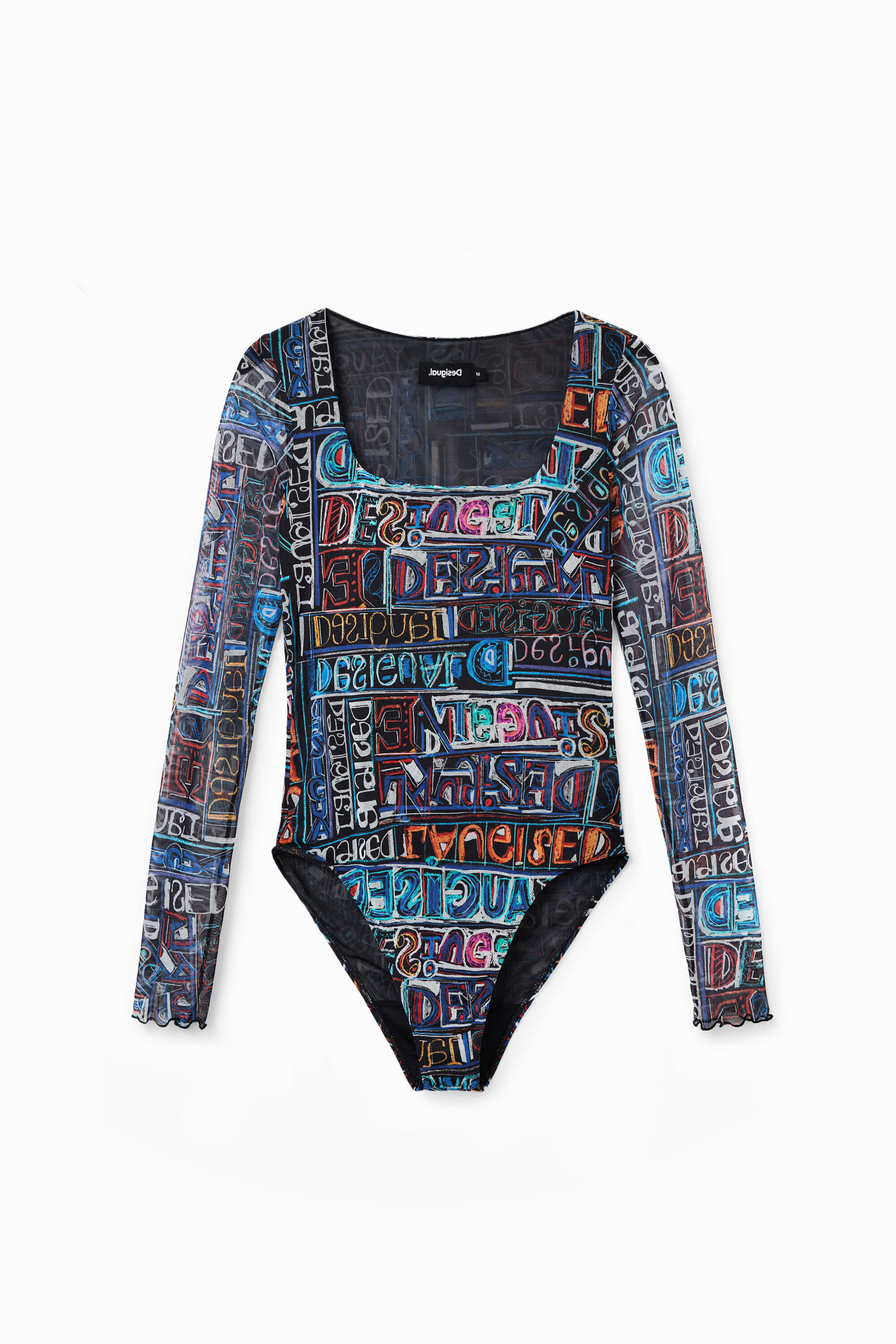 Desigual Tulle Arty Logo Bodysuit In Black