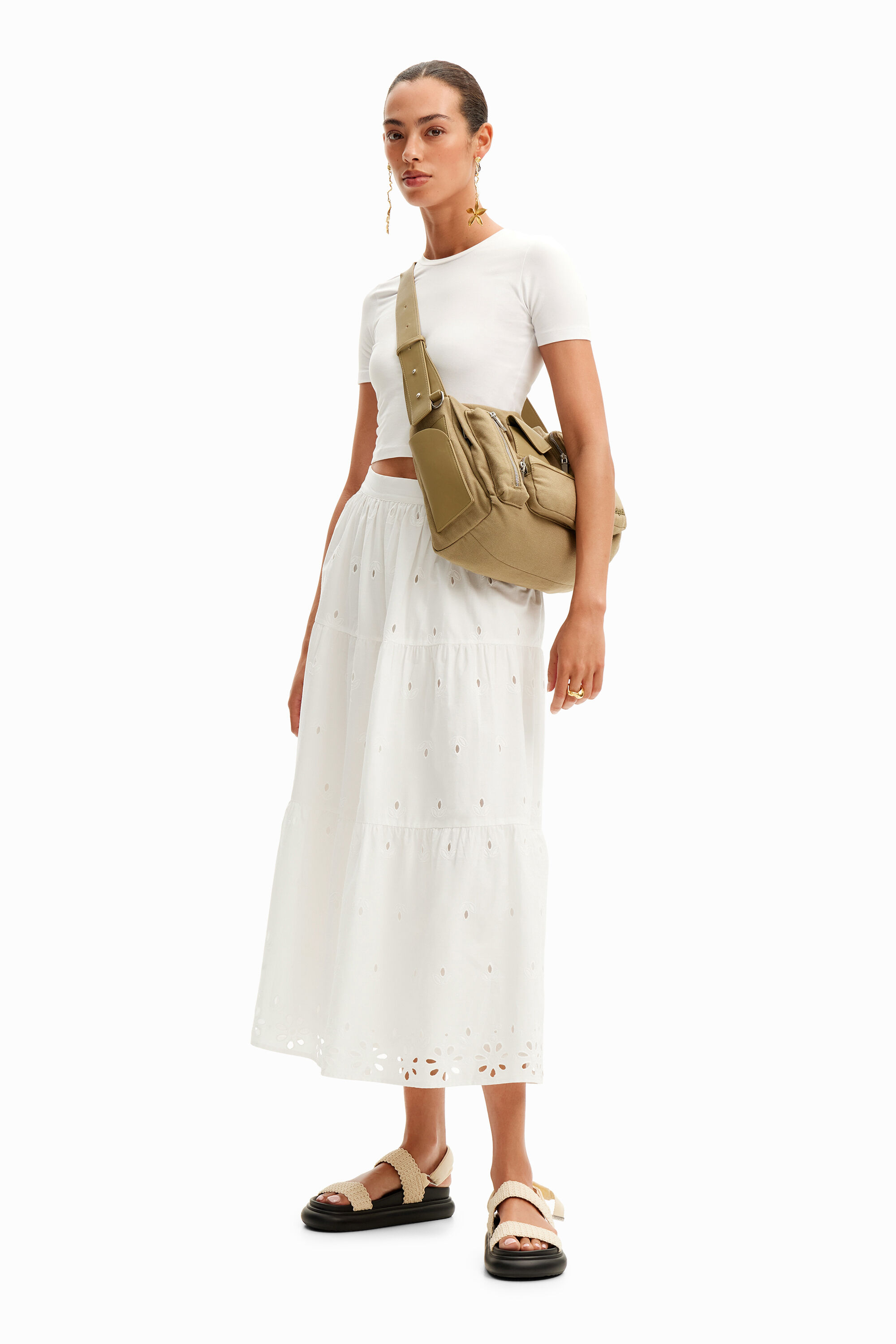 Swiss embroidery midi skirt - WHITE - XS