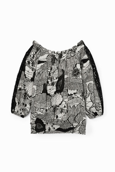 Weisse Bluse Mit Schwarzer Spitze An Den Armeln Desigual Com