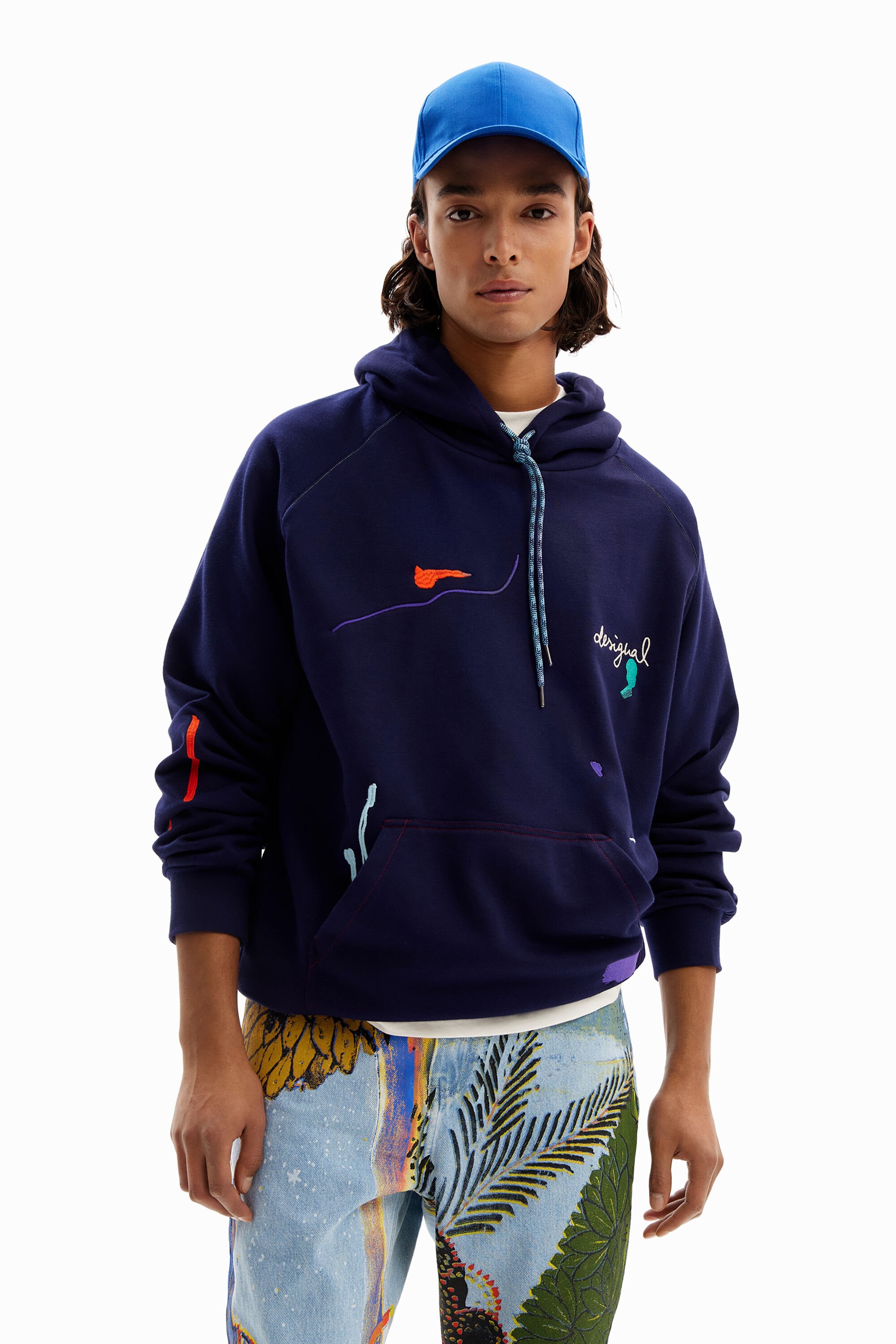 Desigual Paint Embroidery Hoodie In Blue