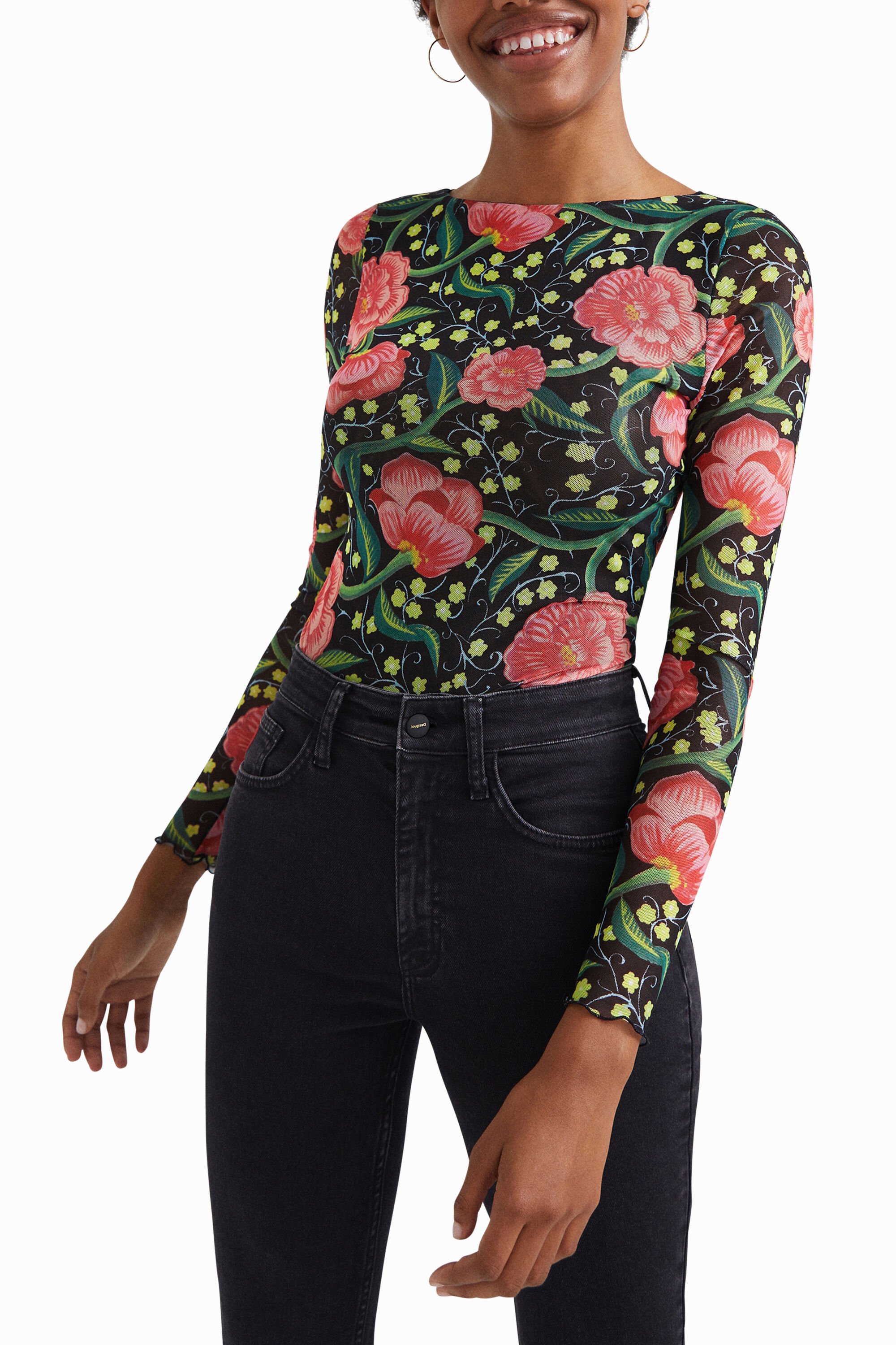 Desigual Women's Lace-Sleeve Bodysuit - Ruffle Fabric, Elastic Fit, Round Neck, Feminine White Blouse - View #4