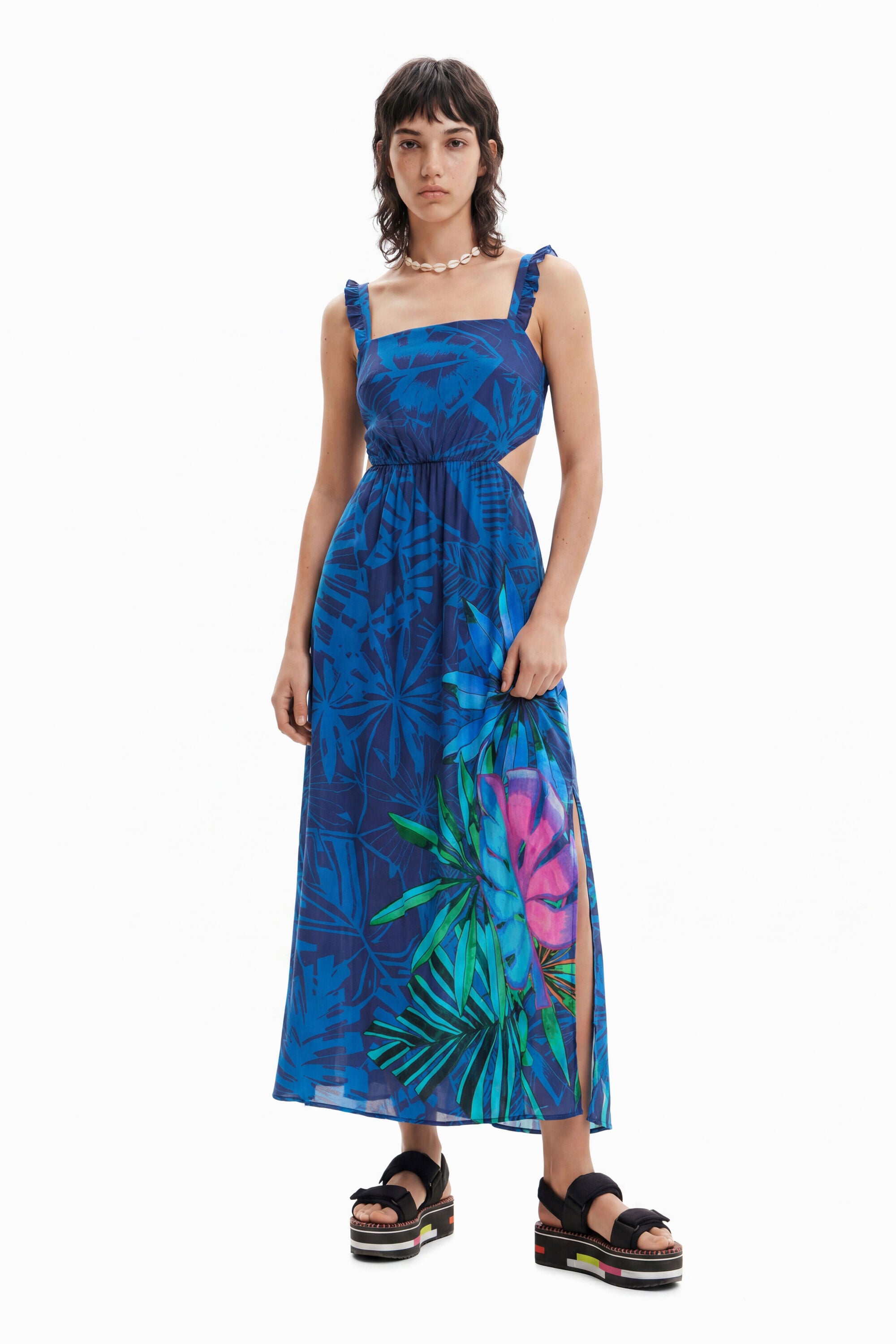 Desigual, Vestido midi volantes tropical, Mujer, Viscosa, Azul