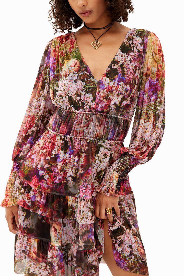 フリル袖の長袖ショートドレス、花柄プリント | Desigual