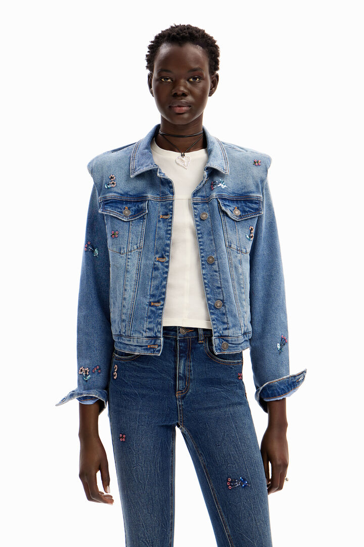 Veste trucker jean fleurs