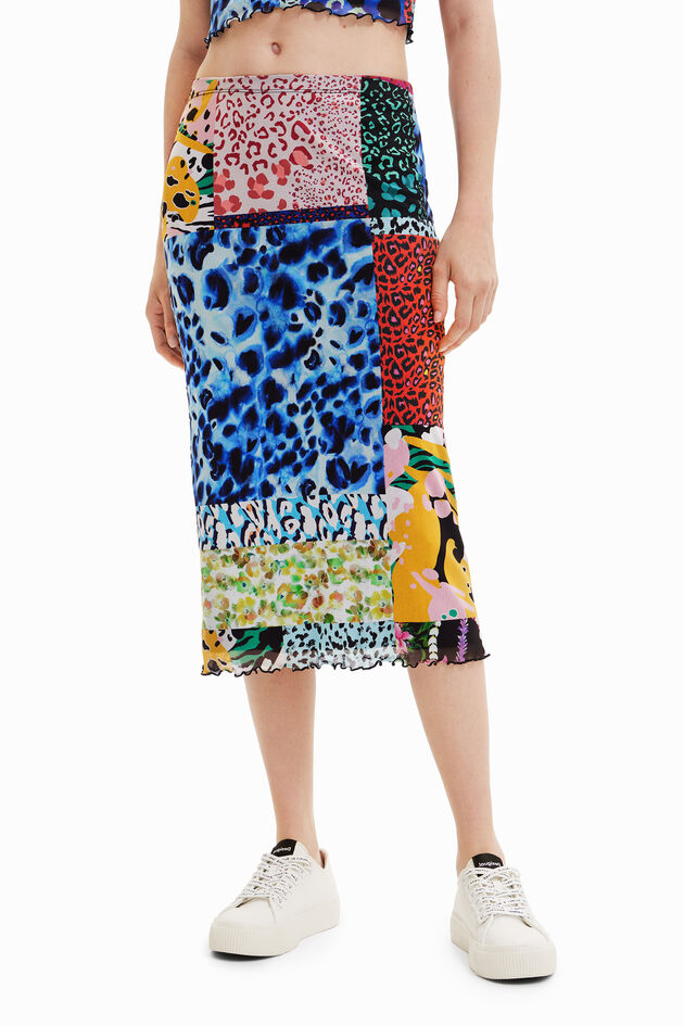 Digital patchwork midi skirt