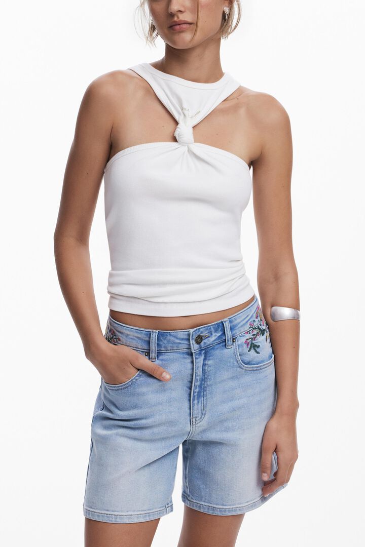 Embroidered denim shorts