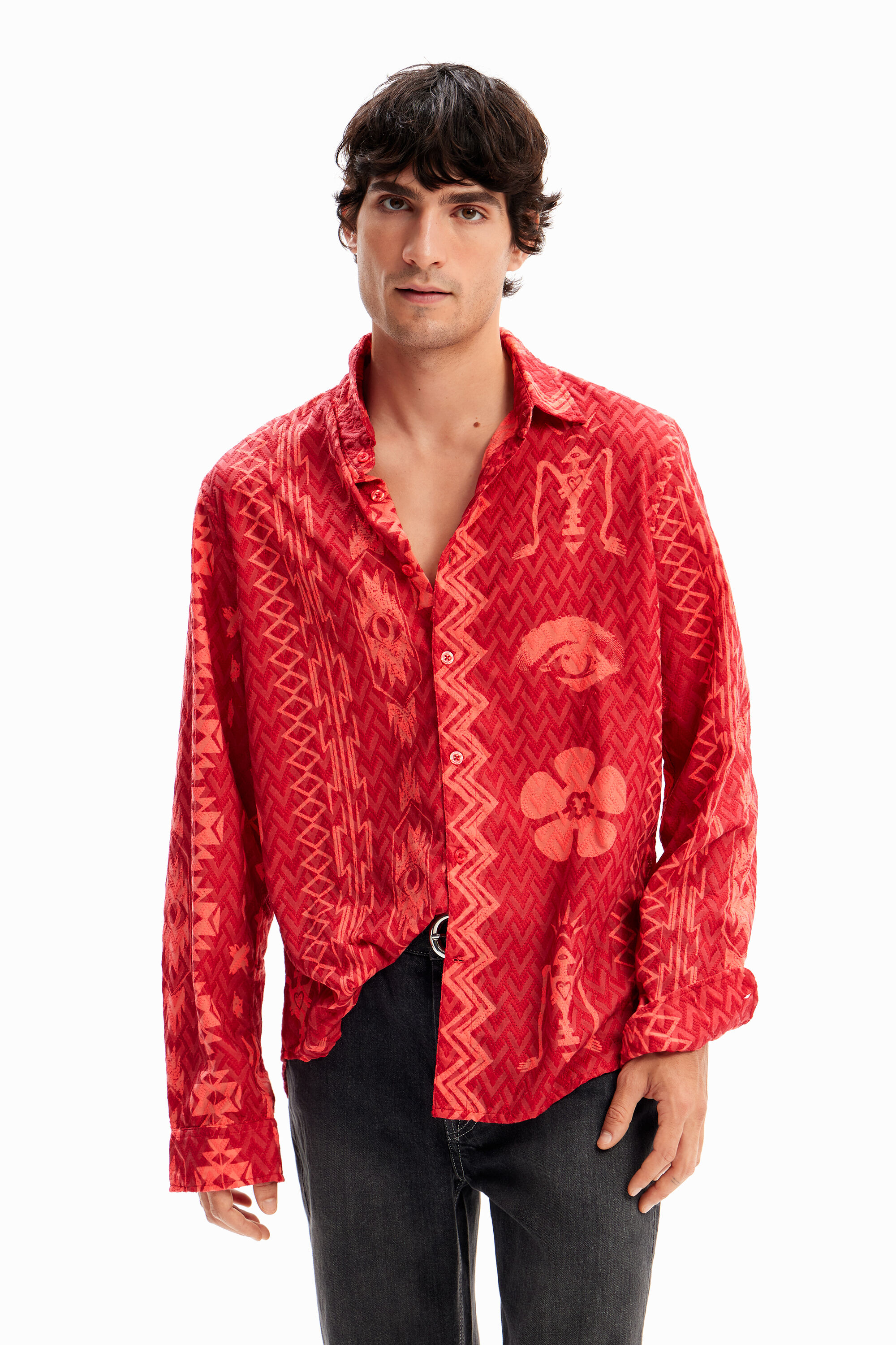 Geometric textured shirt - ORANGE - L