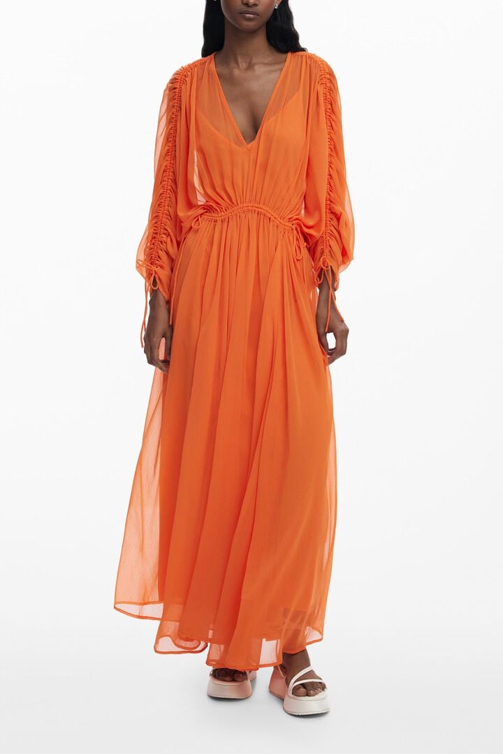 orange flowy dress Universal Standard Plus Size Sunshower Linen lightweight soft and comfortable Women's Sheer Flowy Maxi Dress