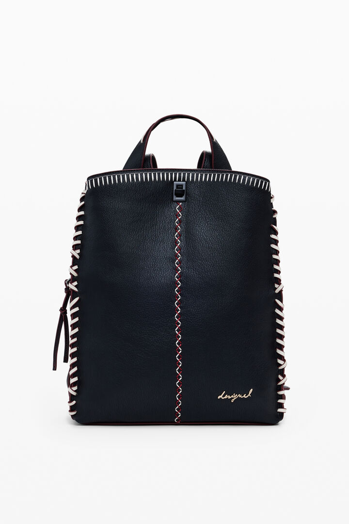 Large faux leather effect backpack with topstitching