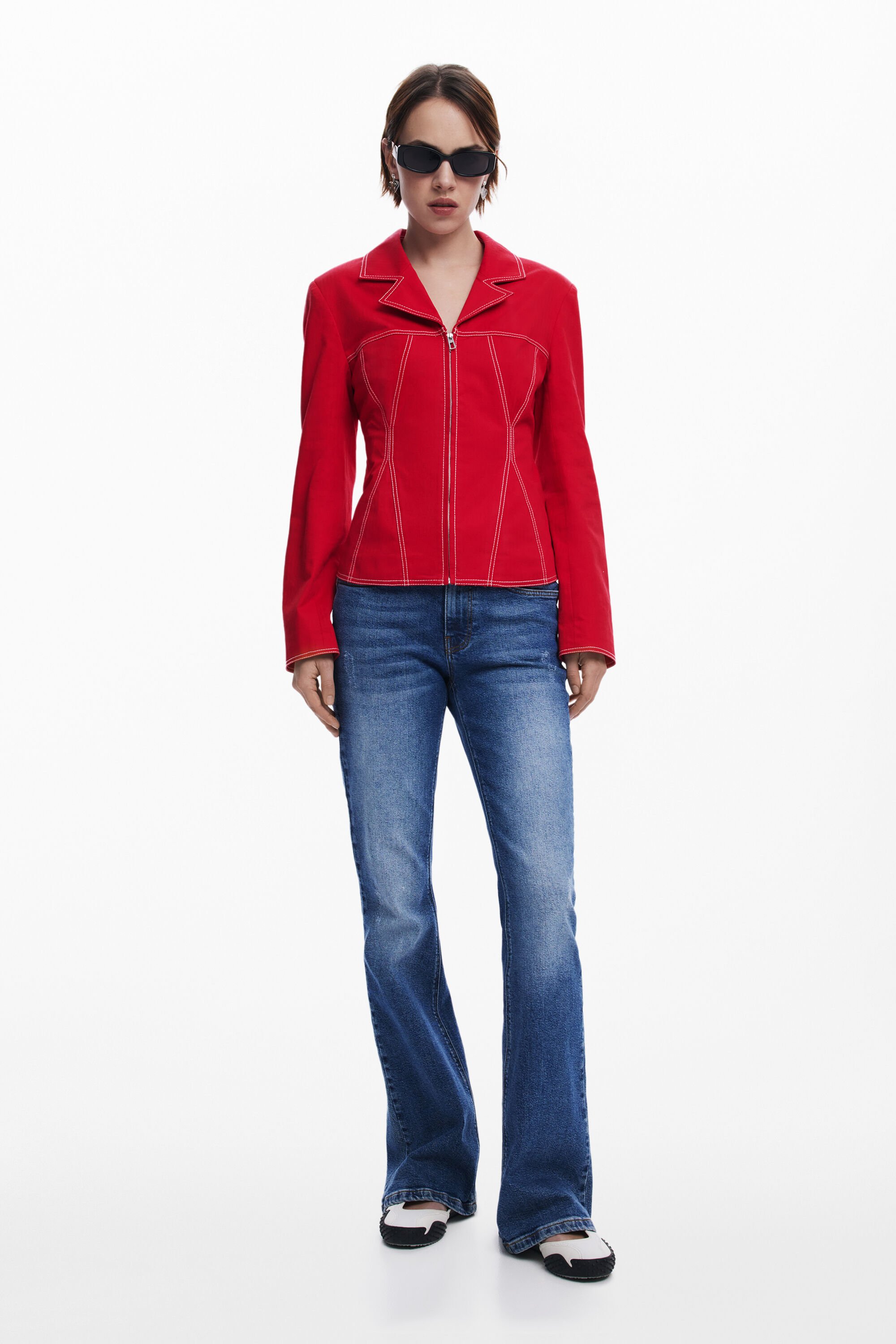 Desigual Topstitch Detail Stretch Cotton Jacket In Red