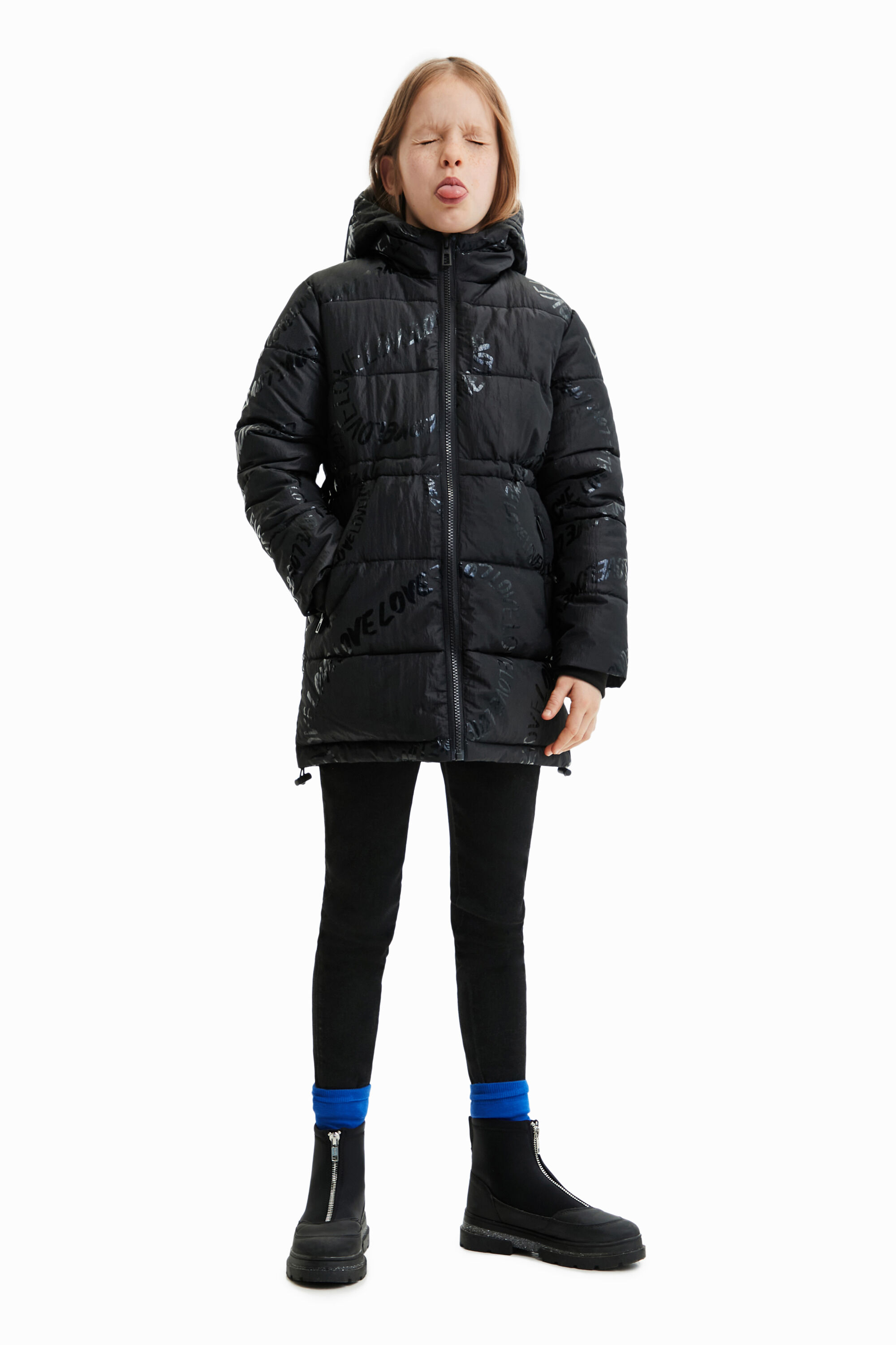 Long padded coat with text