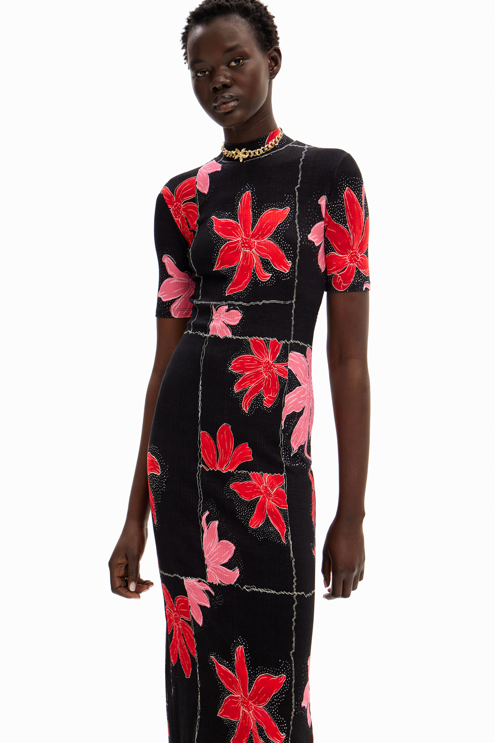 Desigual Ribbed Floral Midi Dress In Red