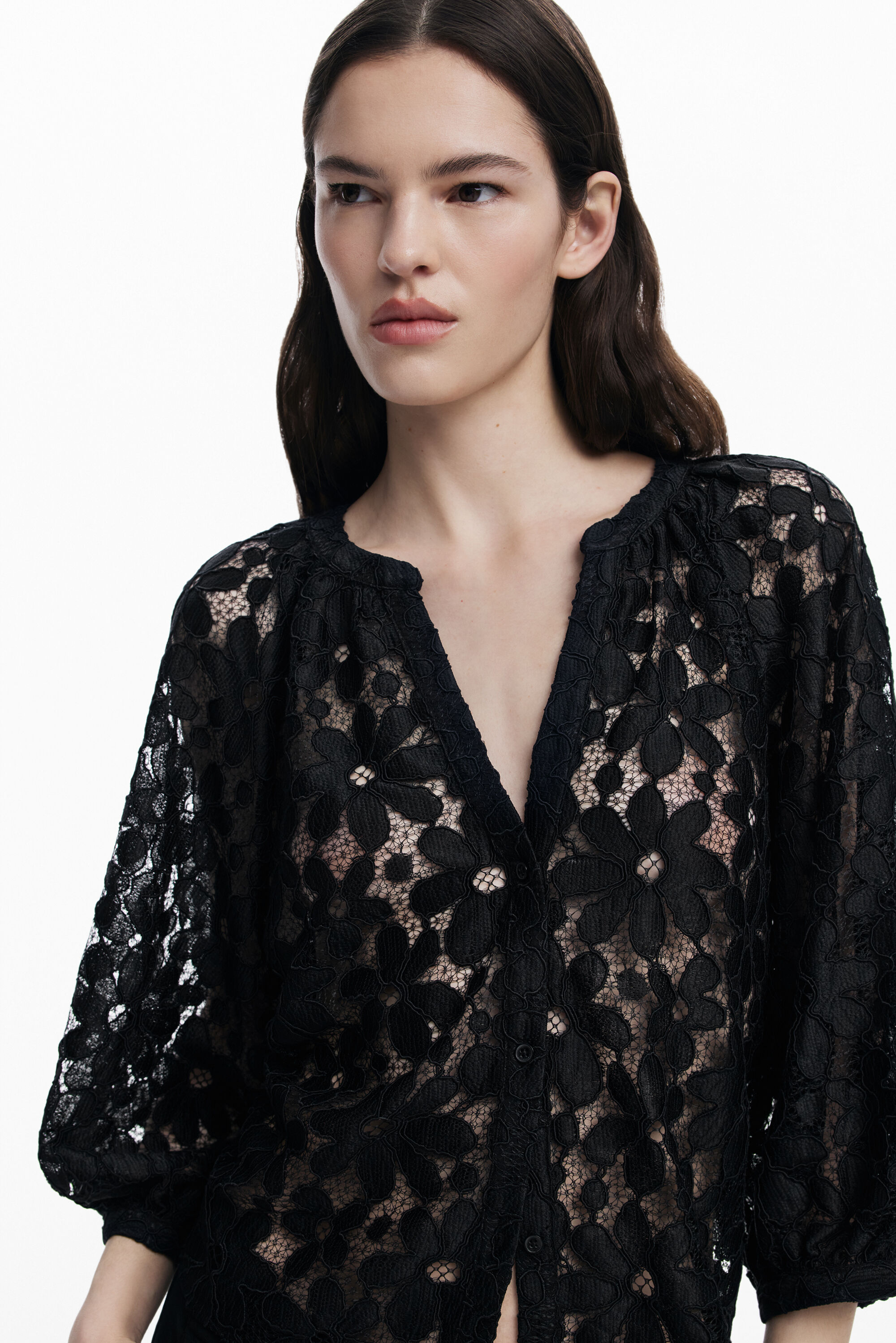 Desigual Lace Front Button Top In Black