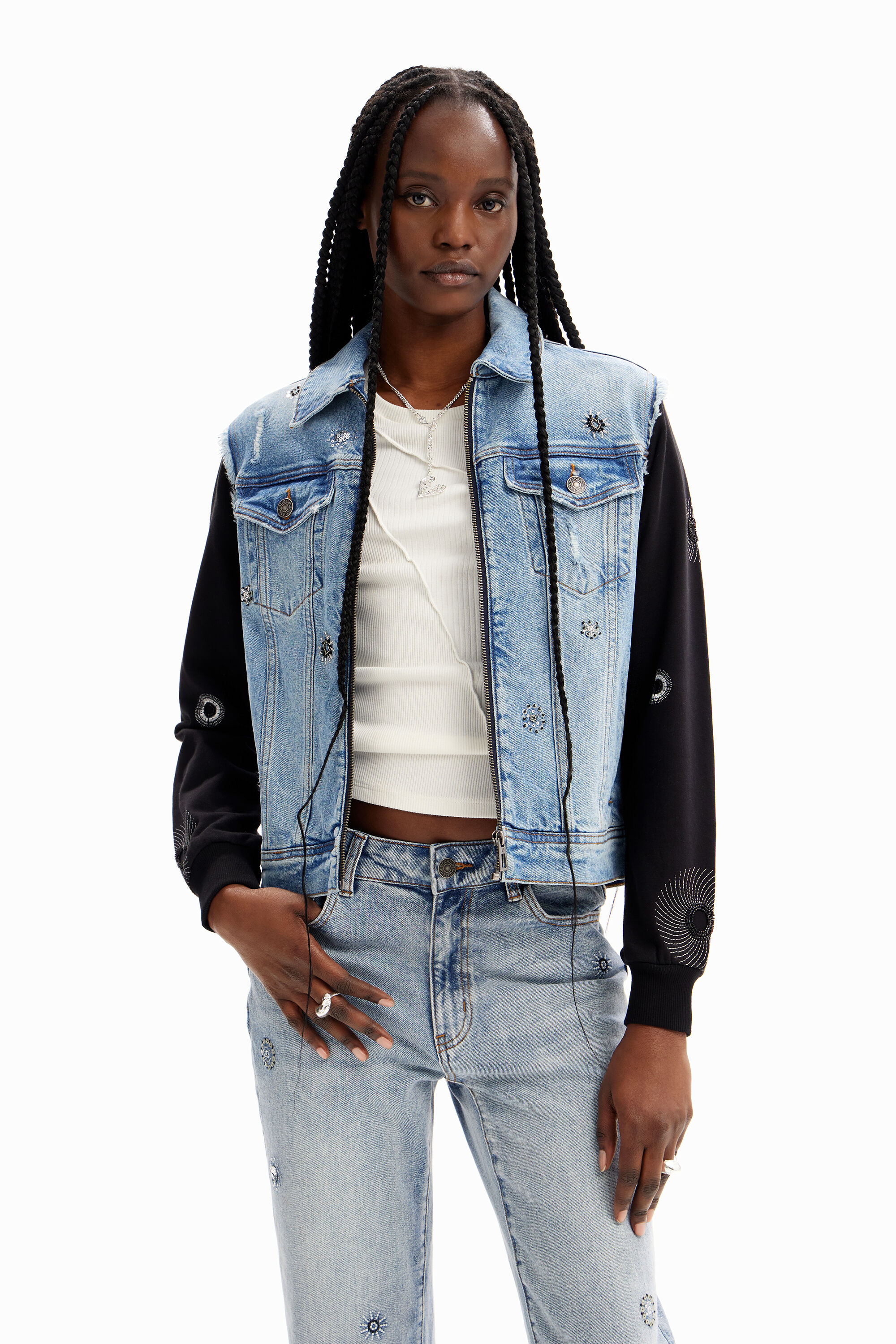 Desigual Embroidered hybrid denim jacket