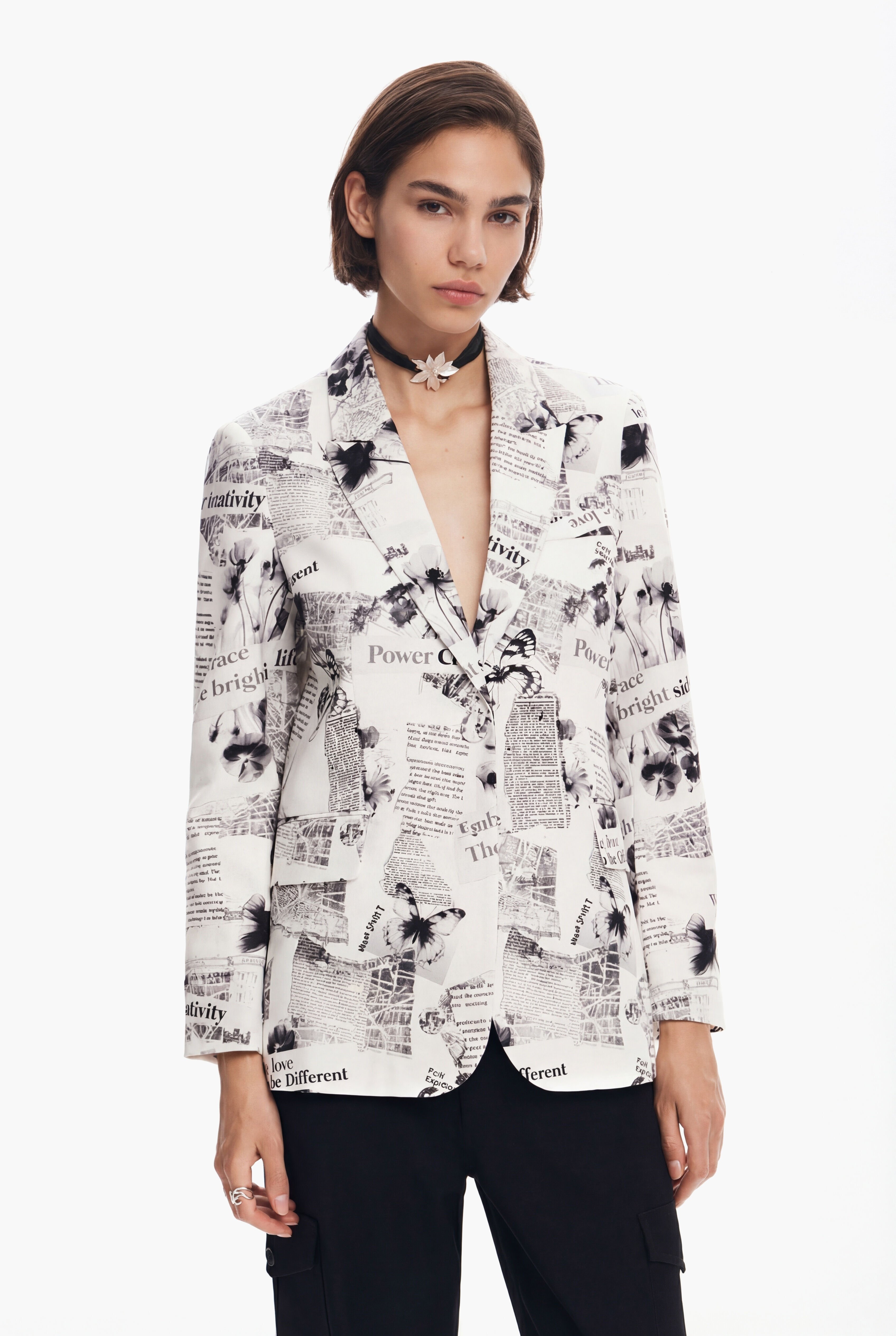 Desigual, Rechte blazer met tekst en bloemen, Katoen, Wit, S