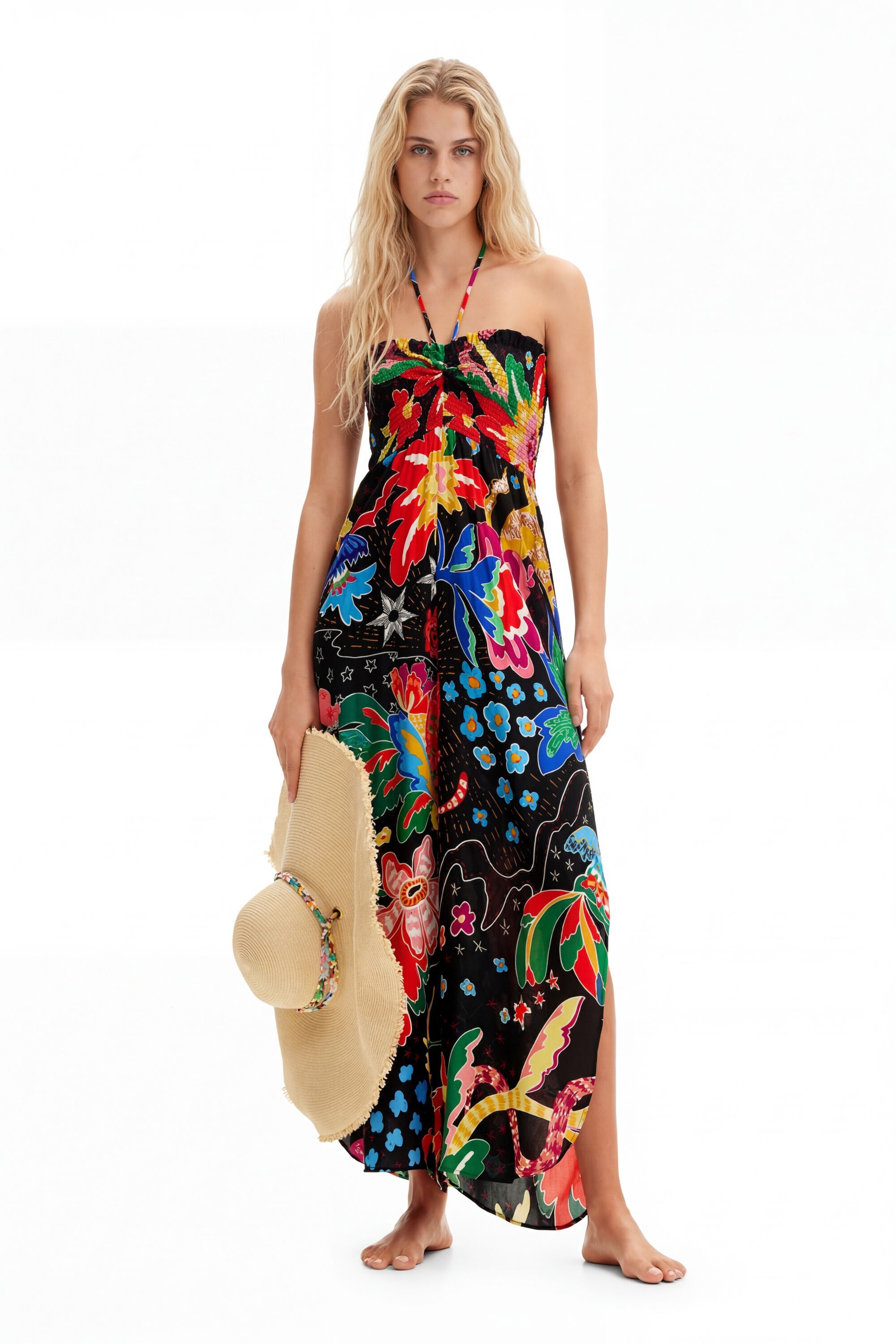 Desigual, Mono largo halter dibujos jungla, Viscosa, Negro