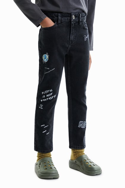 Spodnie dżinsowe nadruk tekstowy handmade