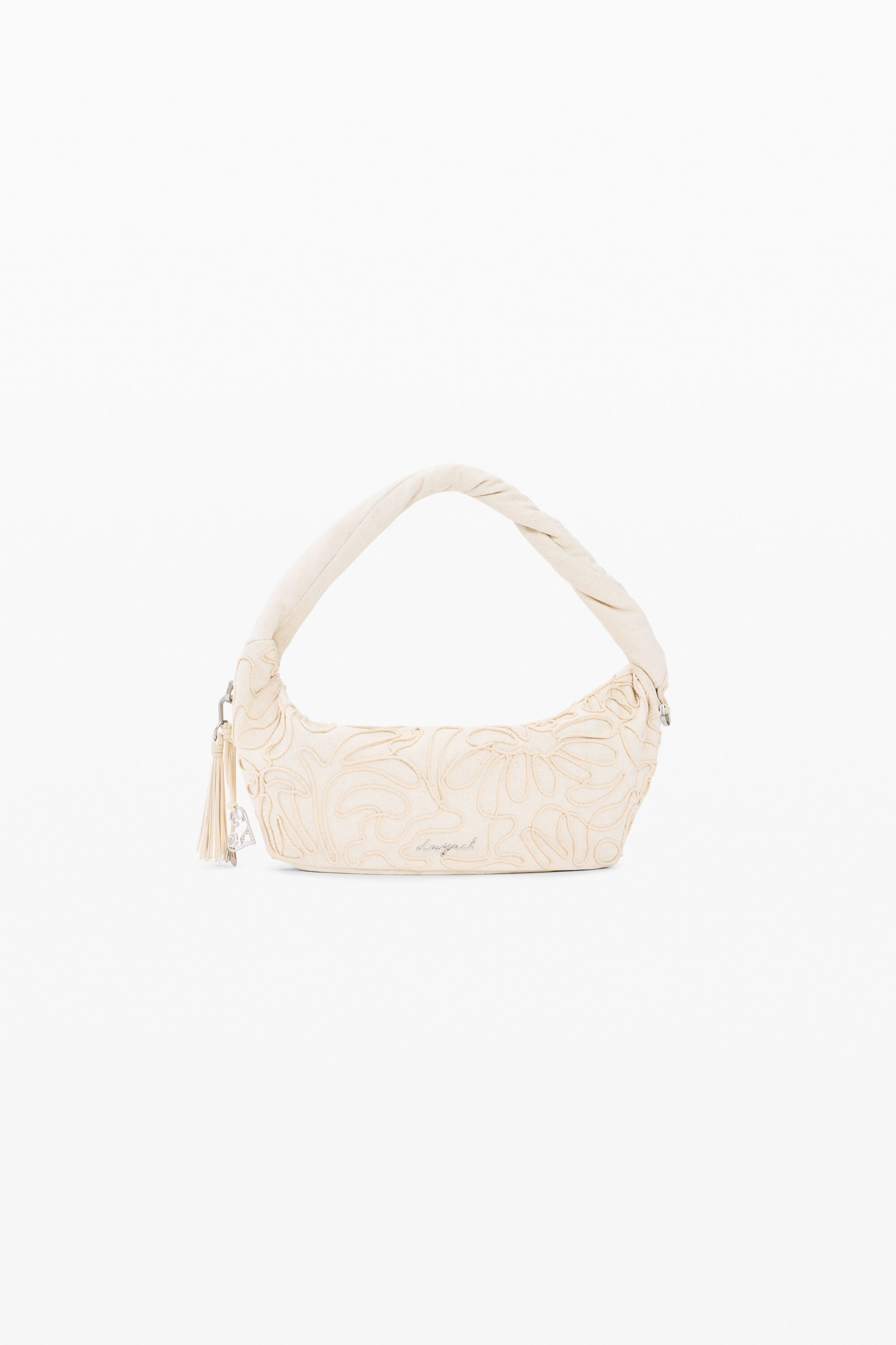 Desigual, Mittelgroße tasche aus raffia mit blumenmuster, Damen, Weiß, U