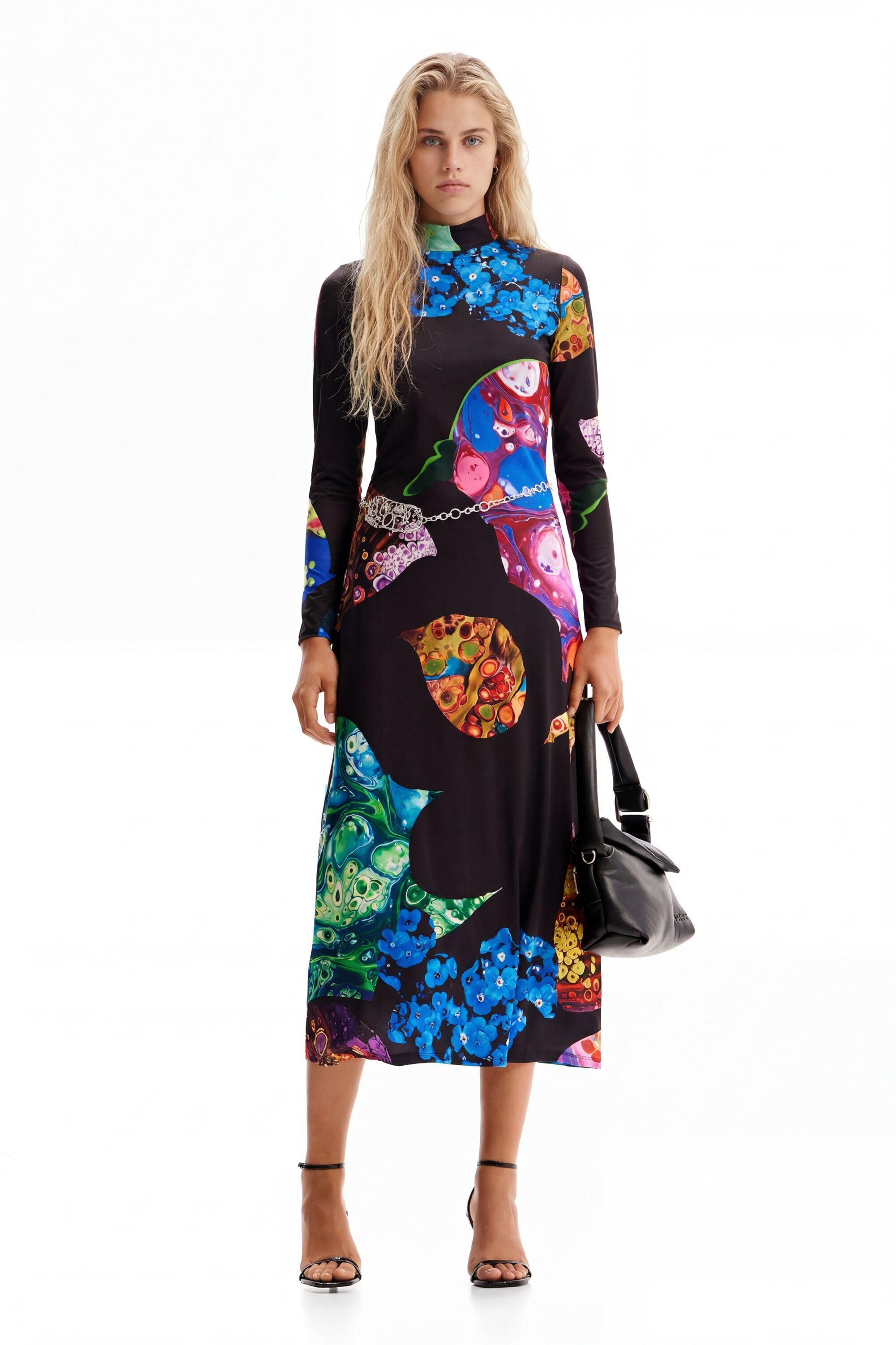 Desigual Donna Nero Abito Slim Midi Minerale Grande