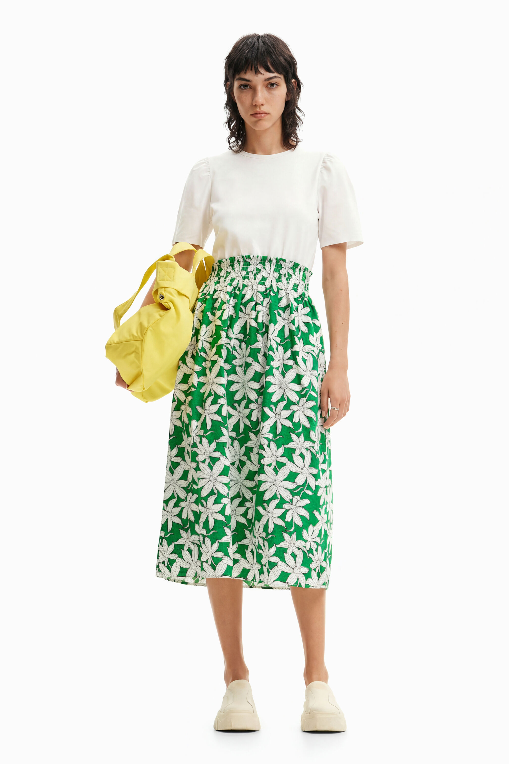 Desigual, Vestido midi combinado flores, Algodon, Blanco