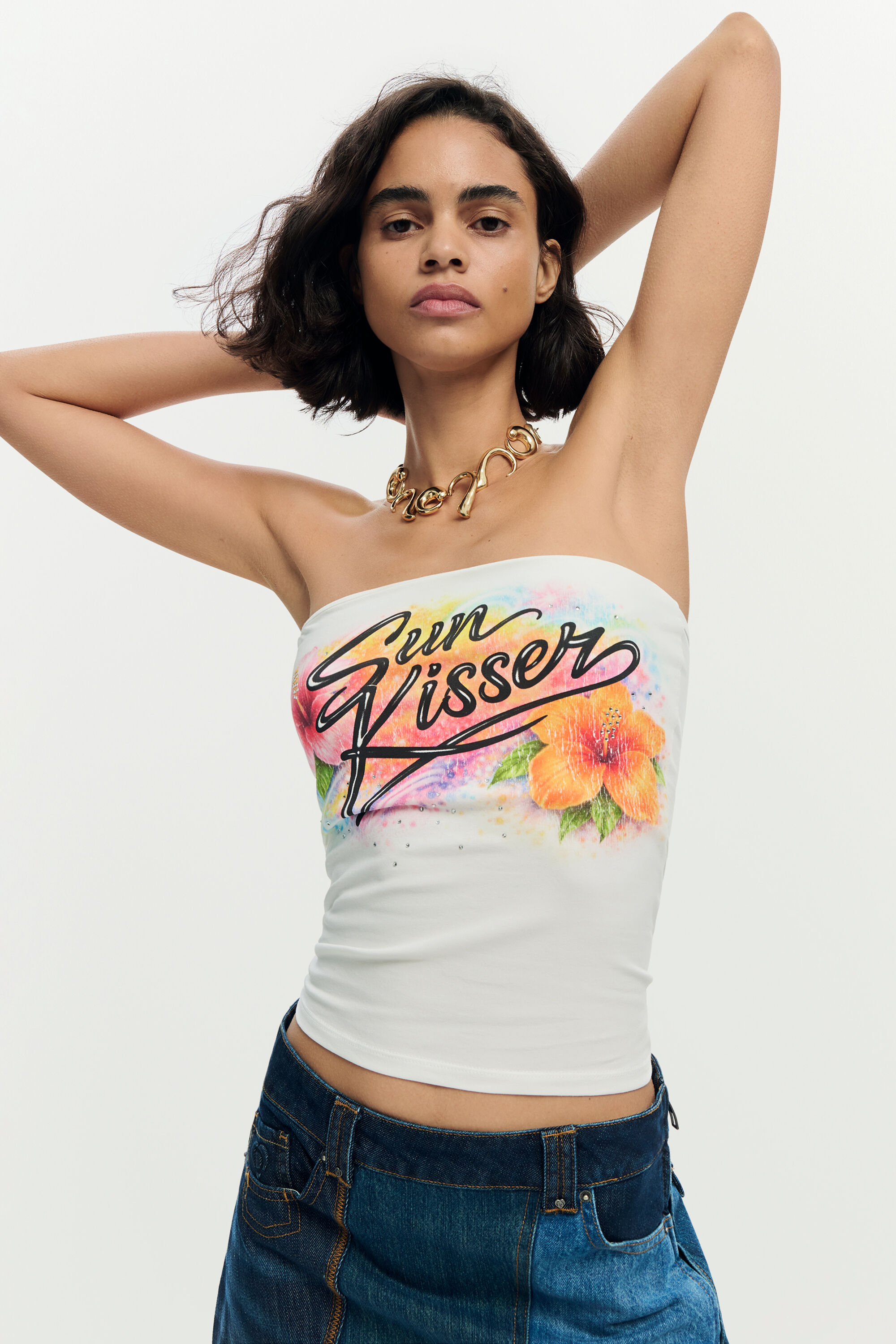 Desigual Donna Bianco Canottiera Stampata Medio