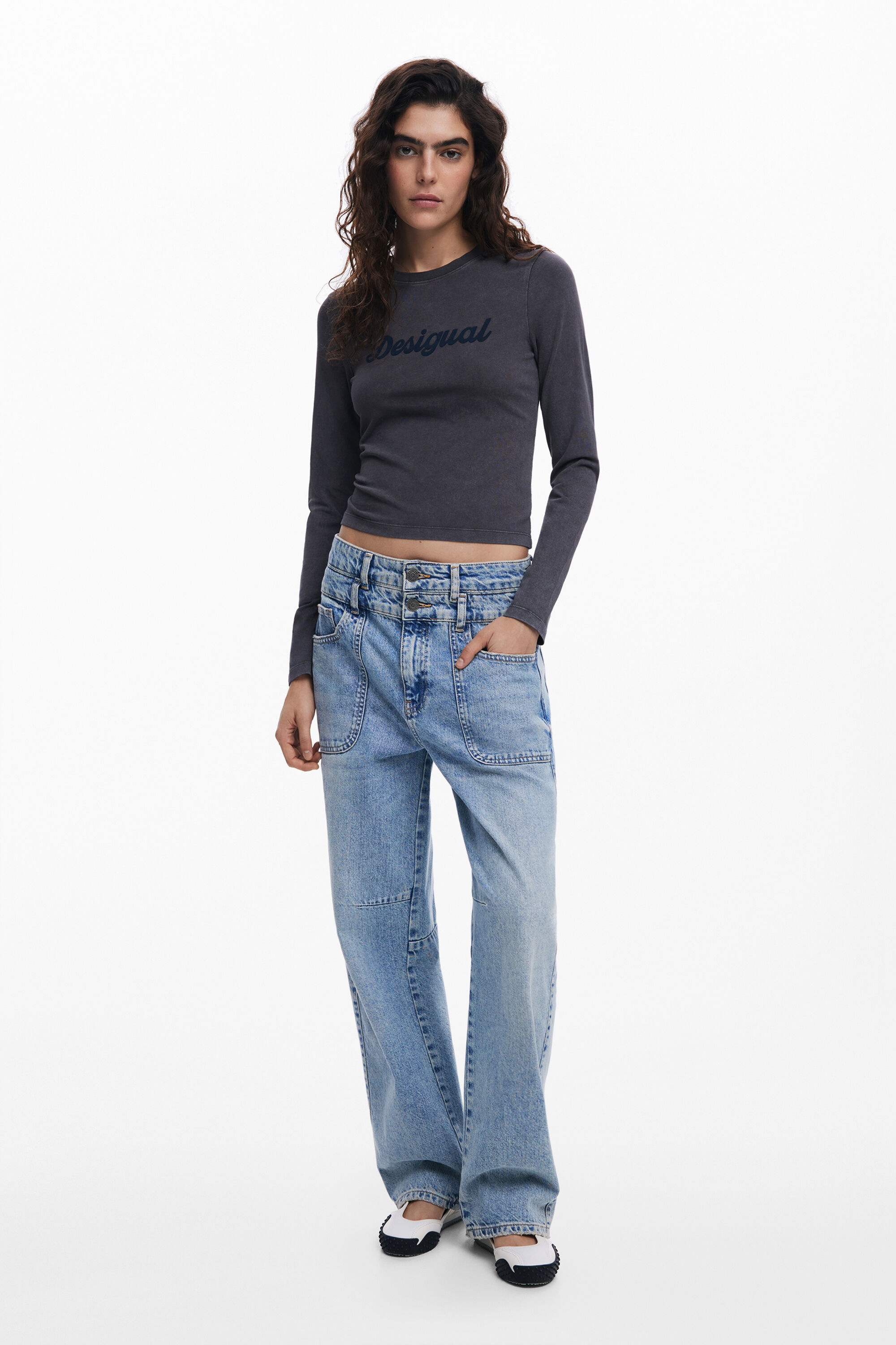 Desigual Logo Long Sleeve Cotton Graphic T-shirt In Blue