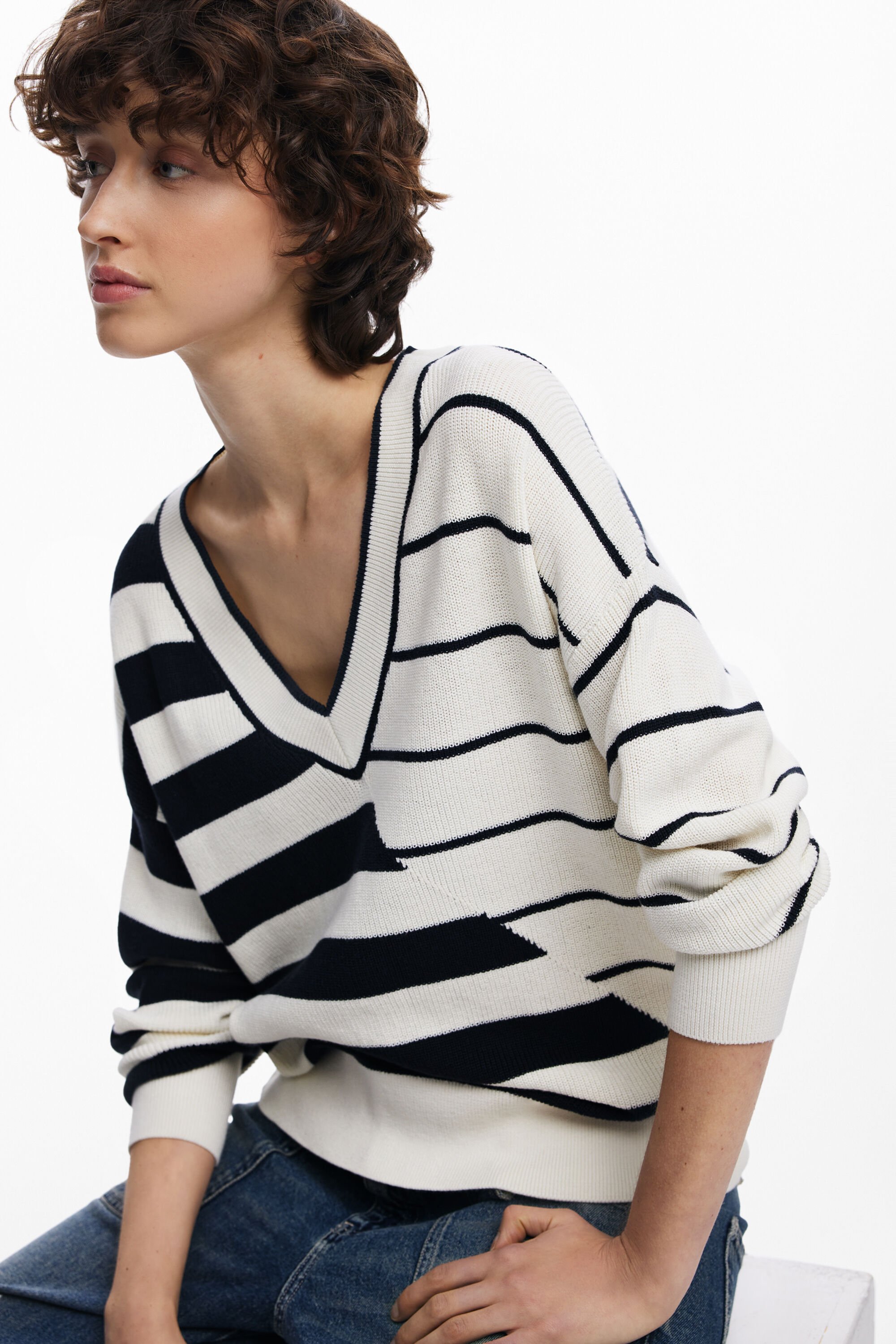 Desigual Variegated Stripe V-neck Sweater In White