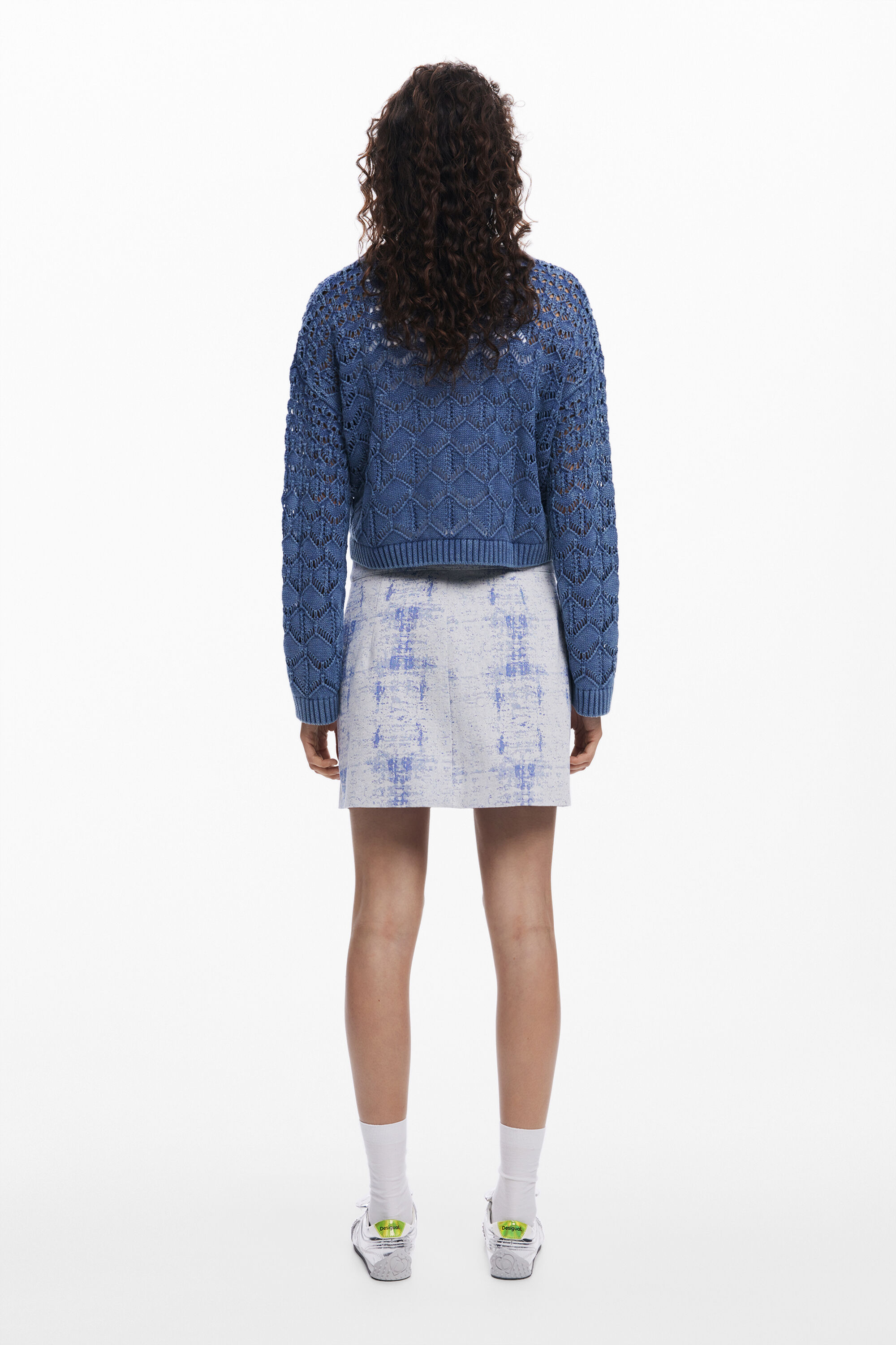 Desigual Cropped Open Knit Sweater In Blue