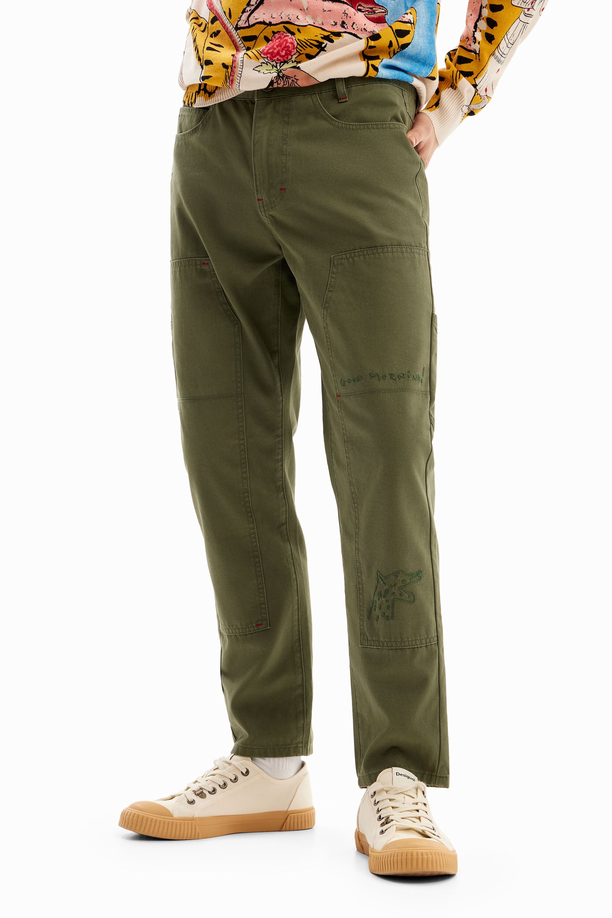 Pantalón largo recto con bordados, Hombre, Algodon, Verde,