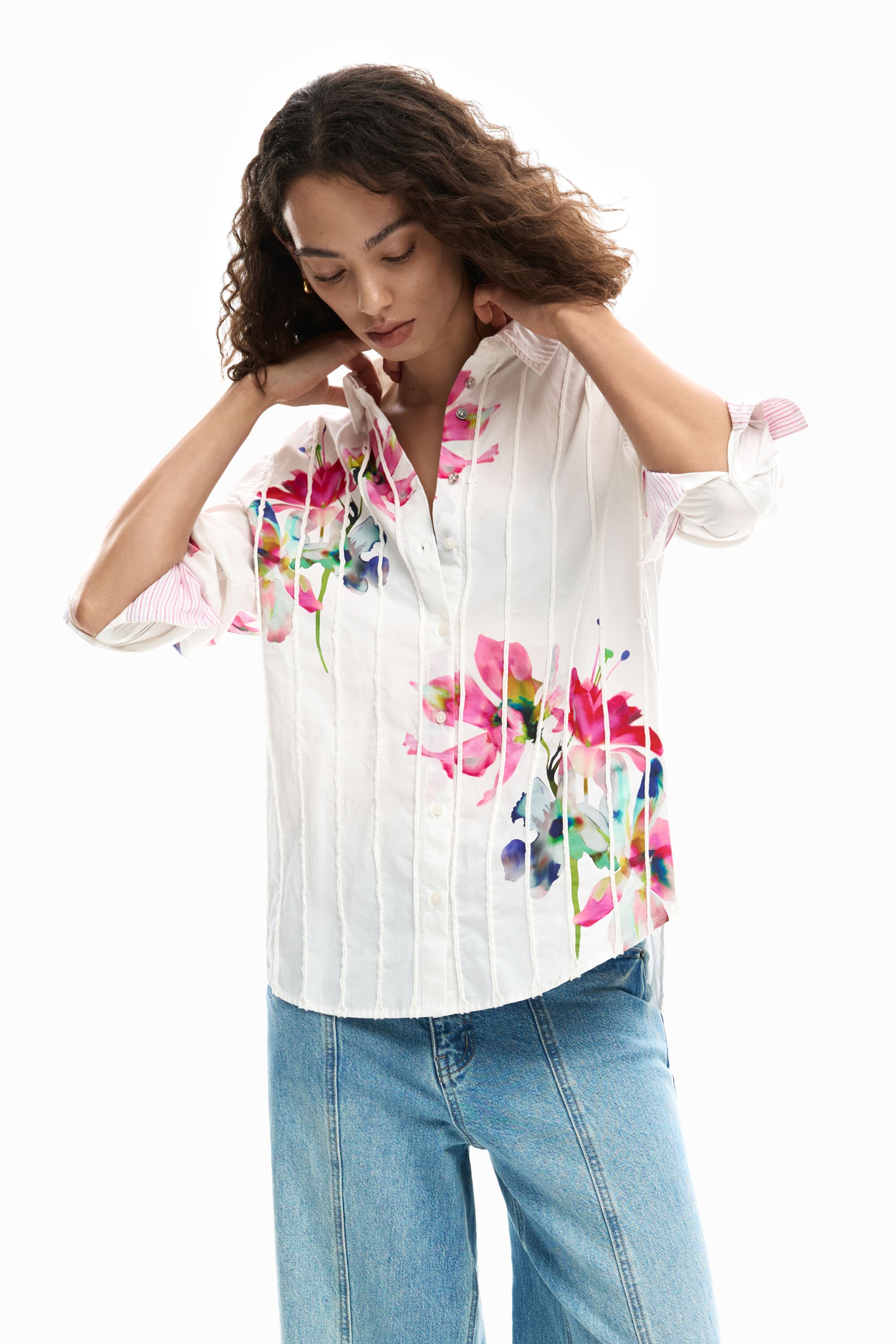 Desigual Blouse met lange mouwen en geplooide bloemen - WHITE